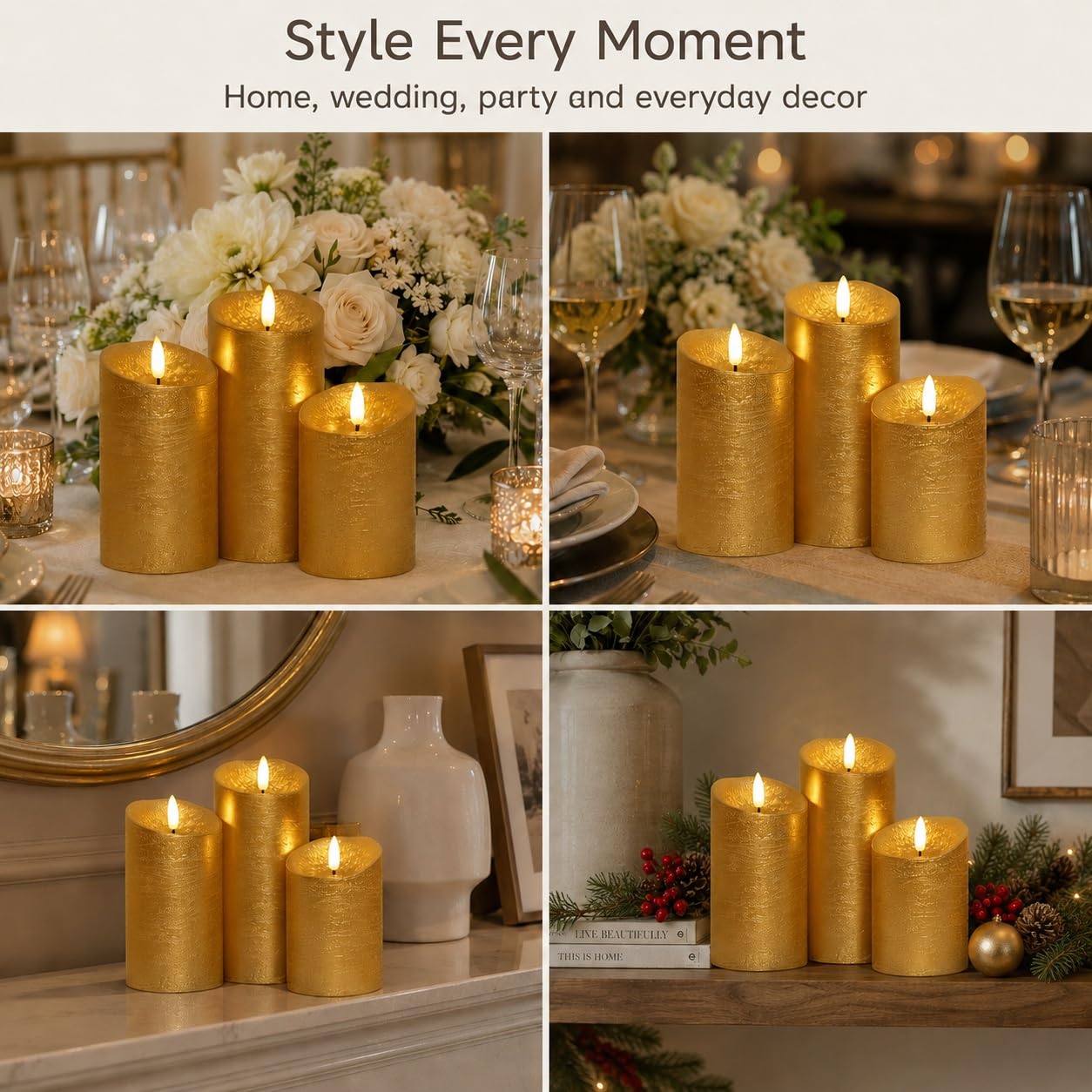 Lot de 3 bougies sans flamme vacillantes avec minuterie, bougies télécommandées, bougies LED à piles pour décoration de Noël Doré