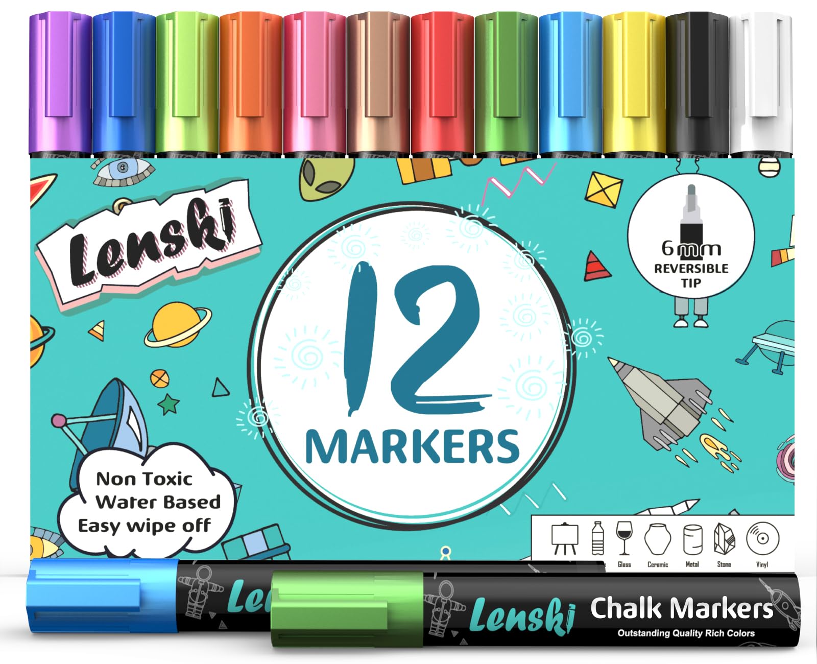 Lenski 12 Kreidestifte für Tafel Abwaschbar, 6mm Kreidestifte für Fenster, Einschulung Mädchen, Schultüte Füllung, Kinder Stifte Whiteboard Kreidemarker Fensterstifte Fenstermalstifte Glasmalstifte