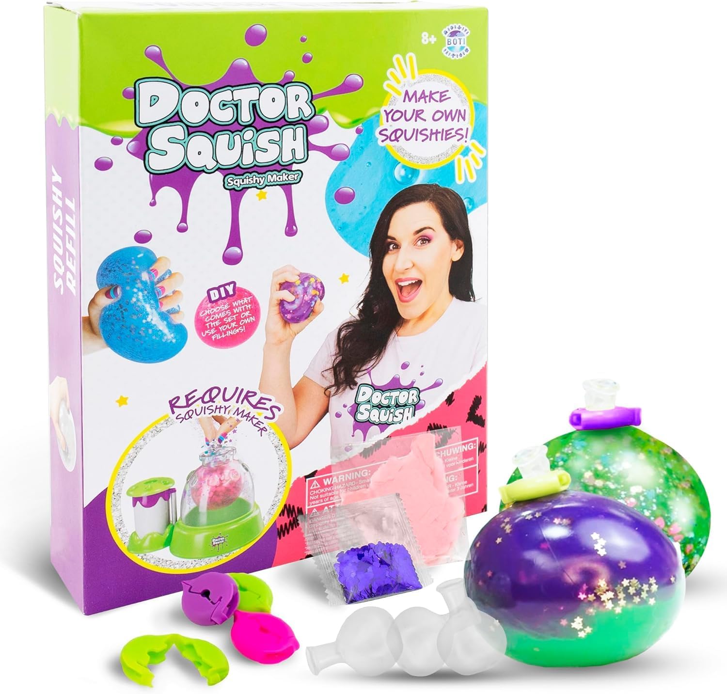 Doctor Squish Squishy Pack Refill | with 10 TPR Balloons, 10 Reusable Clips, Sparkles & Slime Powder | Make Your Own Squishies with Your Squishy Maker | 2 Pack