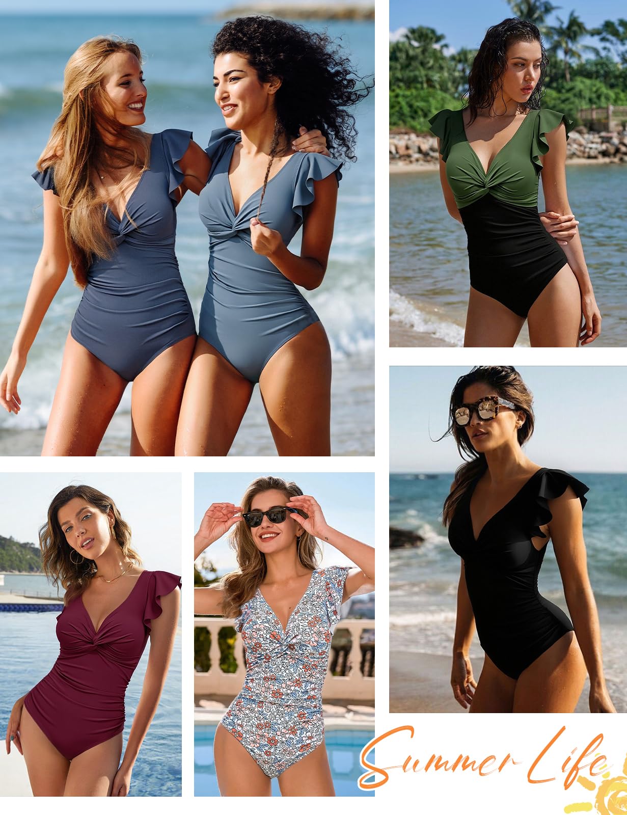 Maillots Une Pièce Femme Gainant Ventre Plat Maillot de Bain 1 Pieces à Manches Volantée Col en V Swimsuit Push Up Elégant Swimwear Été