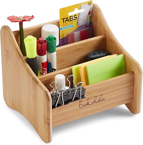 Bookaholic Organizador de escritorio de bambú de 3 niveles para suministros de oficina, artículos de tocador, manualidades, ideal para escritorio,