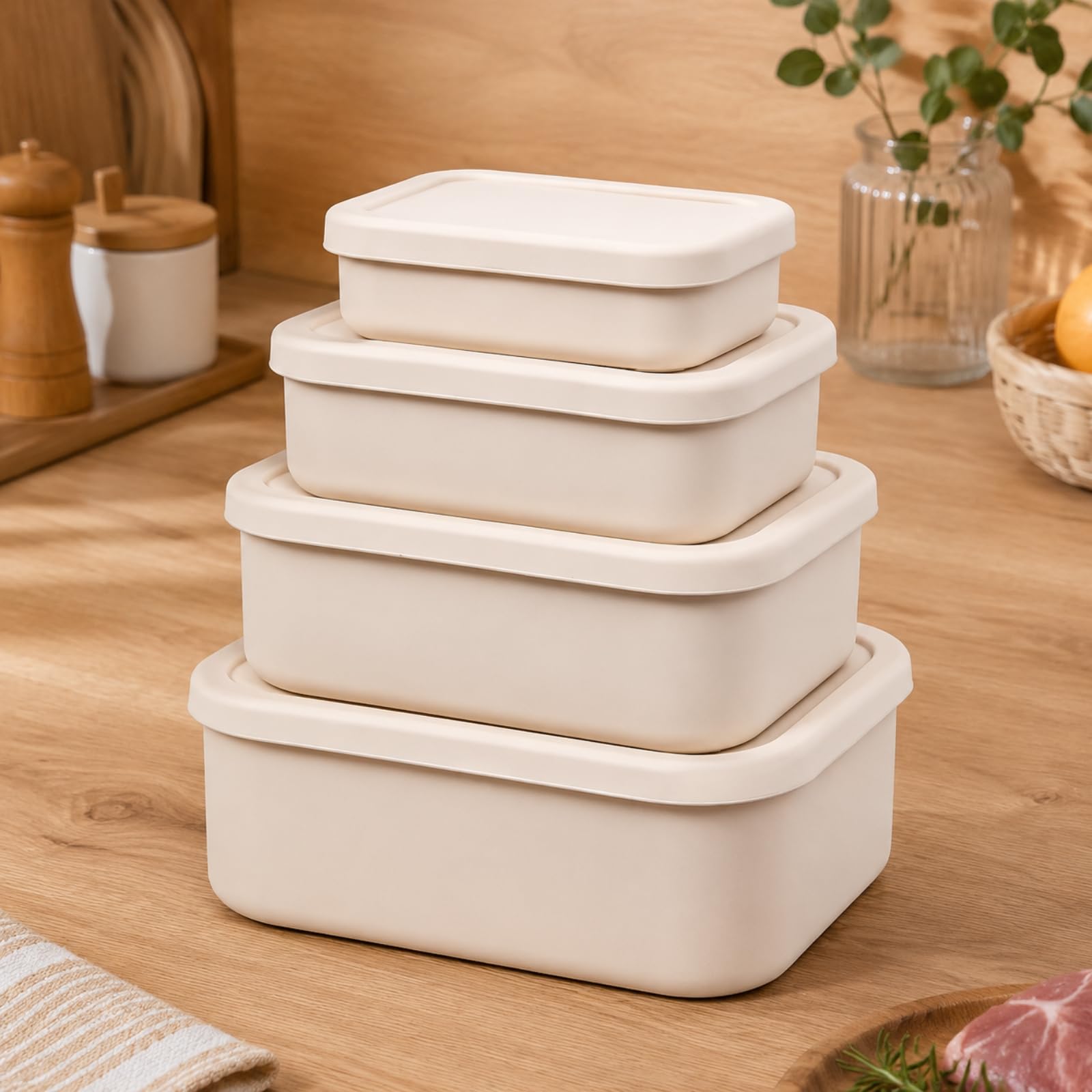 Gralara 4 Piezas Recipien Rectangular Silicona con Tapa Apilable Taper Silicona Reutilizable Flexible Envase para Cocina, Oficina, Gris
