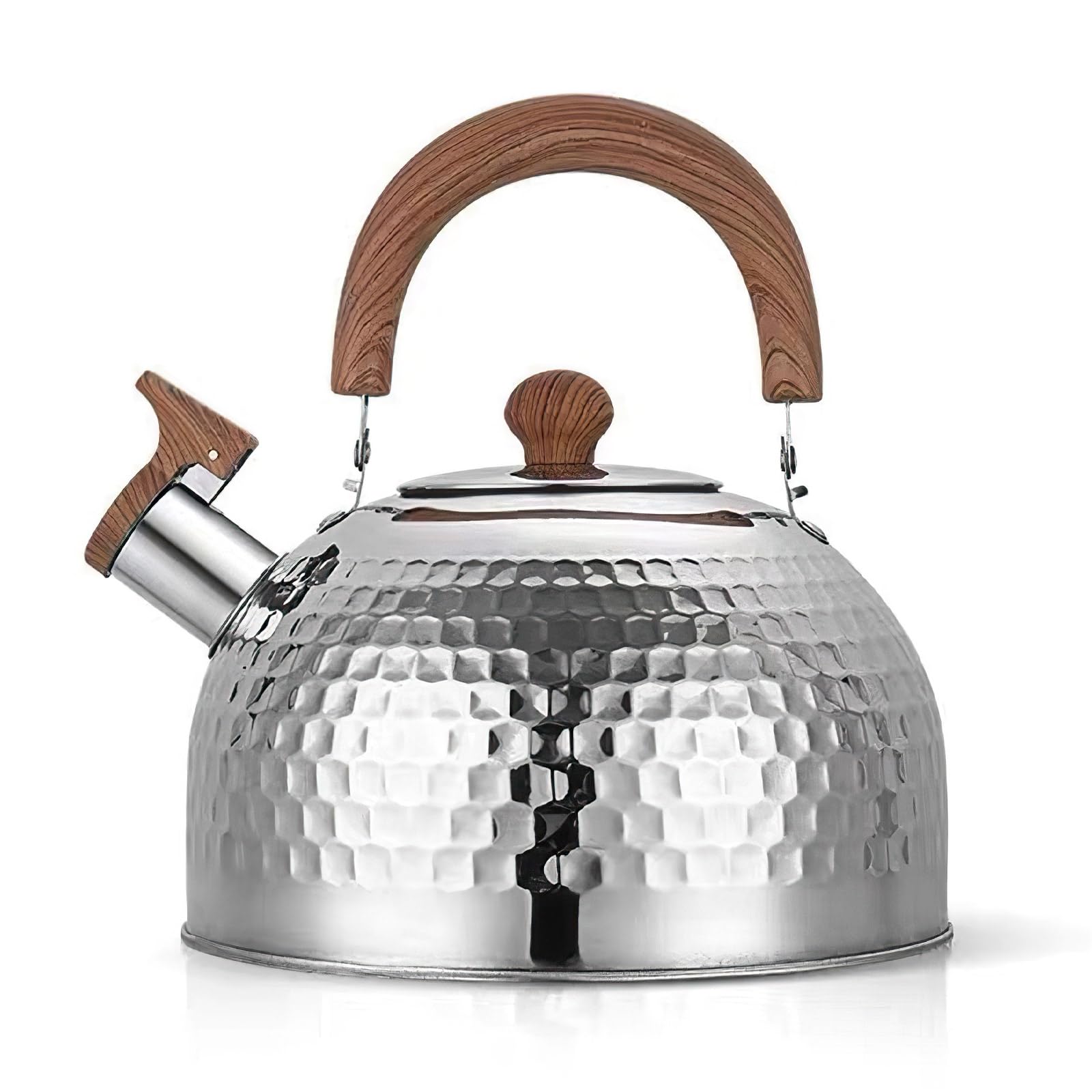 LONFFERY Tea Kettle, 2.5 Quart Whistling Tea Kettle, Tea Pots For Stove Top Food Grade Stainless Steel With Wood Pattern Folding Handle - White