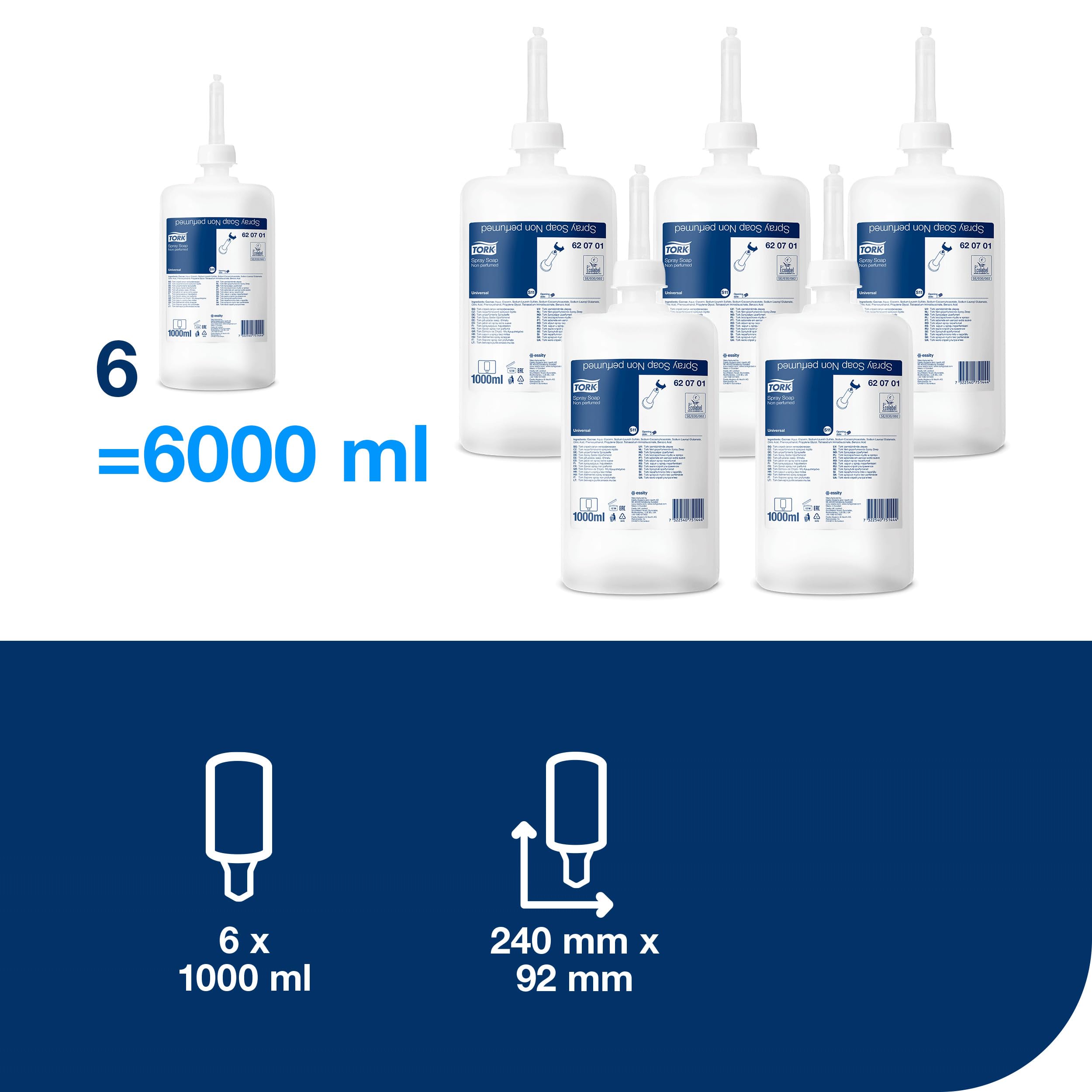 Tork Sapone mani spray S11, senza profumo, 6 x 1000ml, 620701