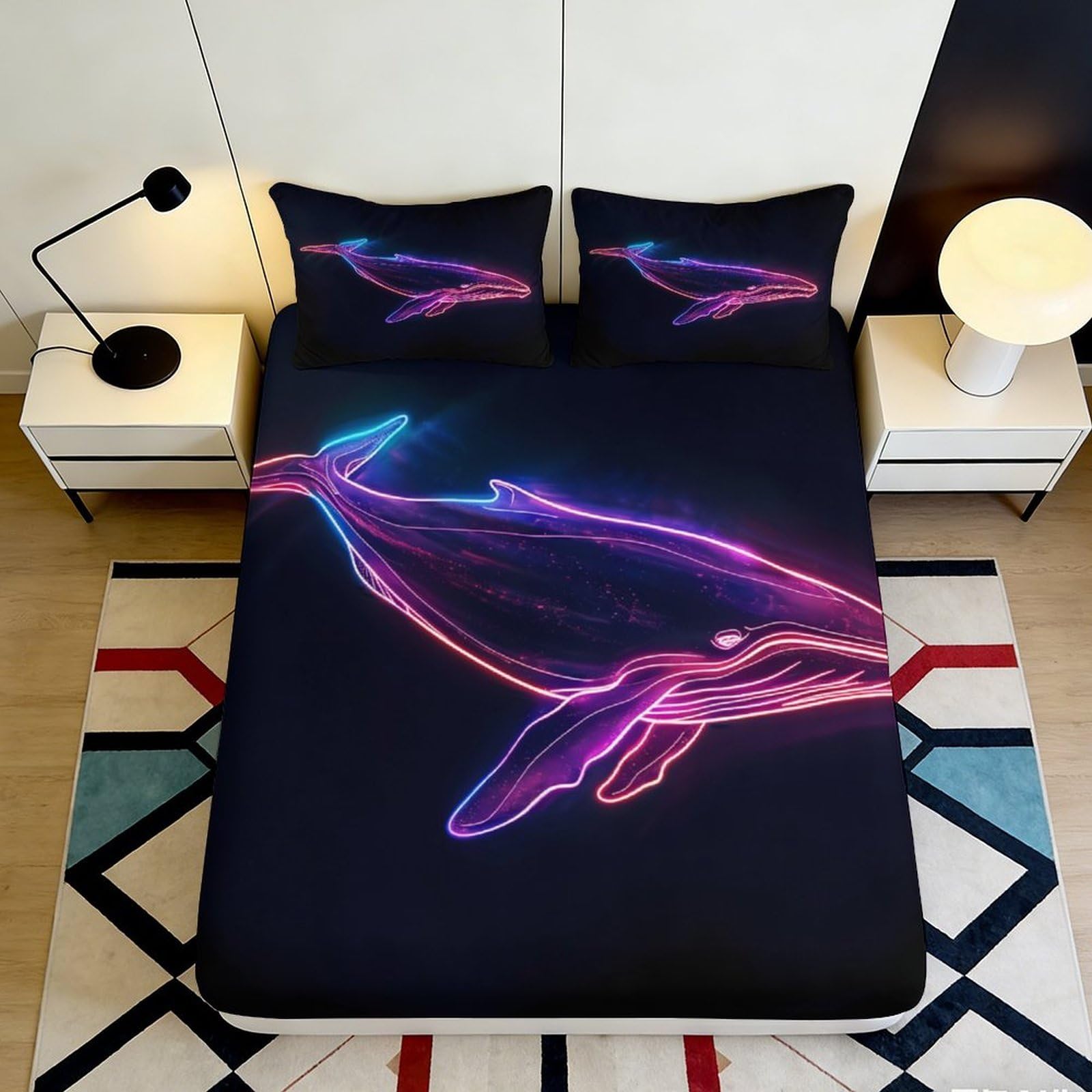 3D Printed Neon Whale Fitted Sheet Microfiber Soft Breathable Ocean Blue Mattress Cover for Bedroom Dorm Decor 200x200x25cm