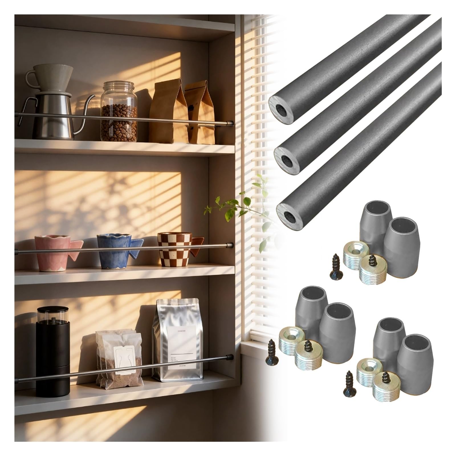 Peynir Grey 3Pcs Decorative Aluminum Alloy Shelf Guard Railing 3Pcs, Pantry Cabinet Tipping Rail Bar With End Cap & Screws, Gallery Edge Organizer Rail, Customizable Length(,16″/40.7Cm)