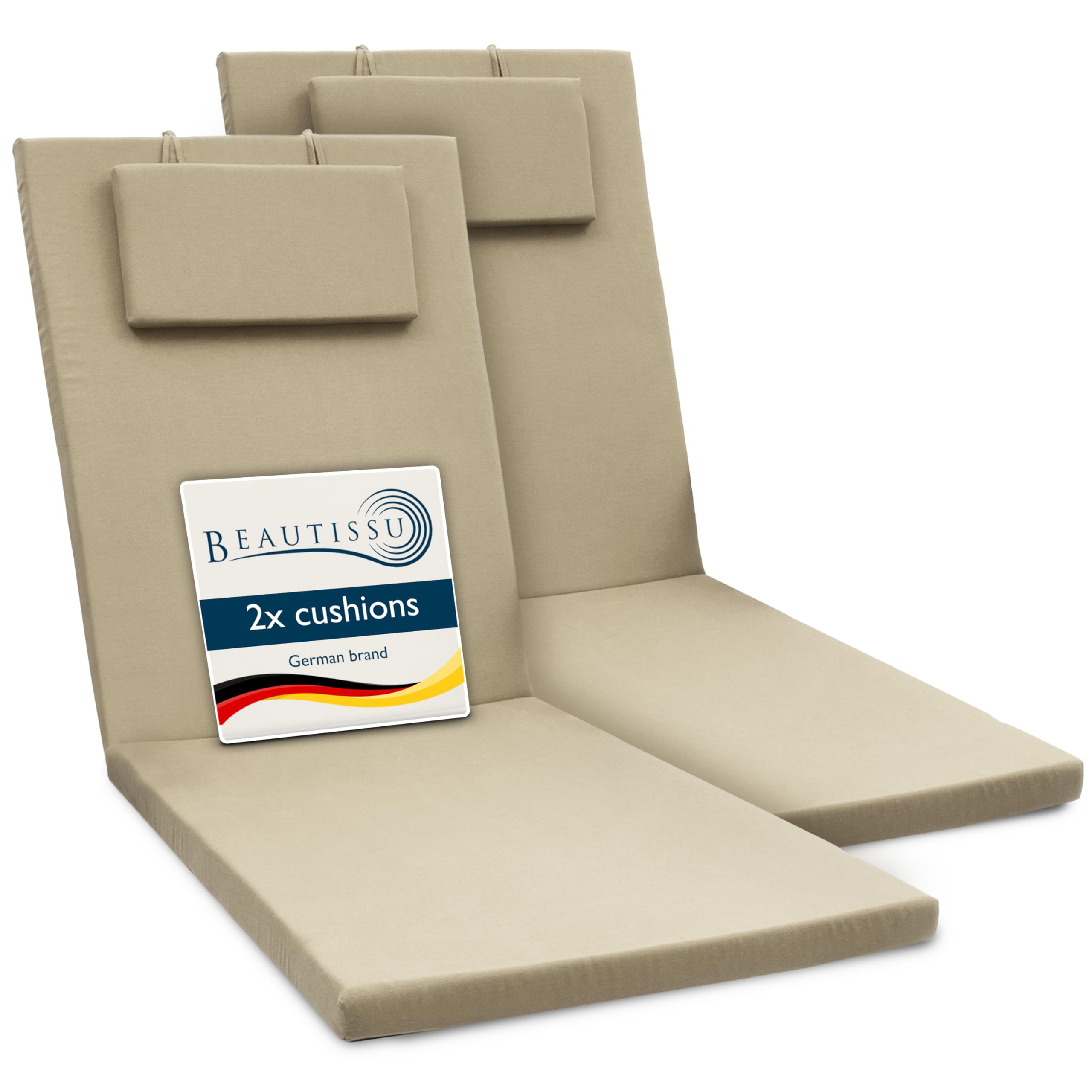 Beautissu 2x Sun Lounger Cushion 200x60x5cm Loft RL - Garden Recliner Sunbed Cushion for Patio Balcony Terrace - UV-Light Resistant Steamer Relaxer Sunlounger Bed Pad Beige