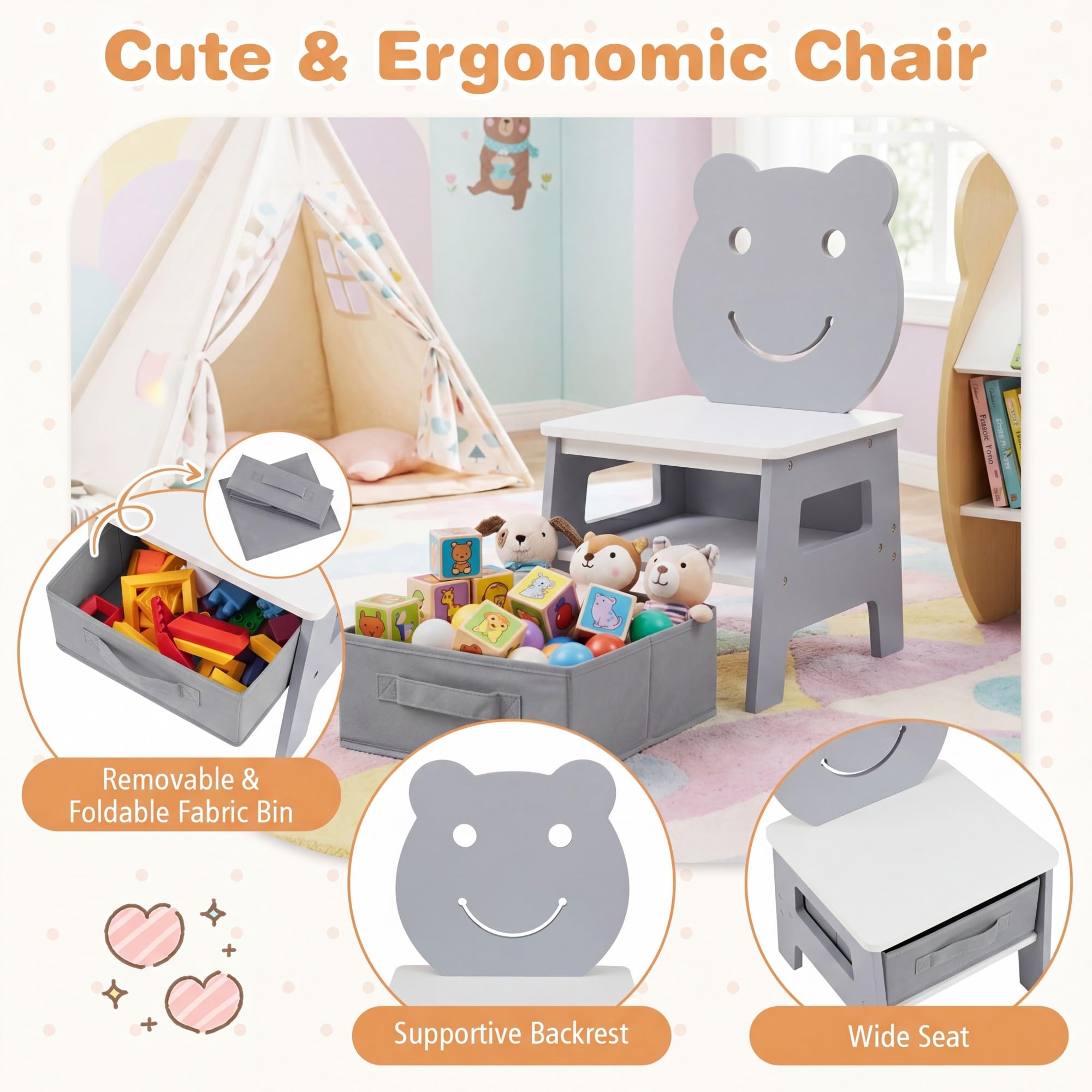 GOPLUS 3 en 1 Mesa y Silla Infantil, Pupitre de Actividades para Niños de 3-10 Años con Pizarra Negra y Blanca Reversible, Estante, Ganchos y Cajón, Mesa de Arte para Estudiar y Dibujar (Gris)