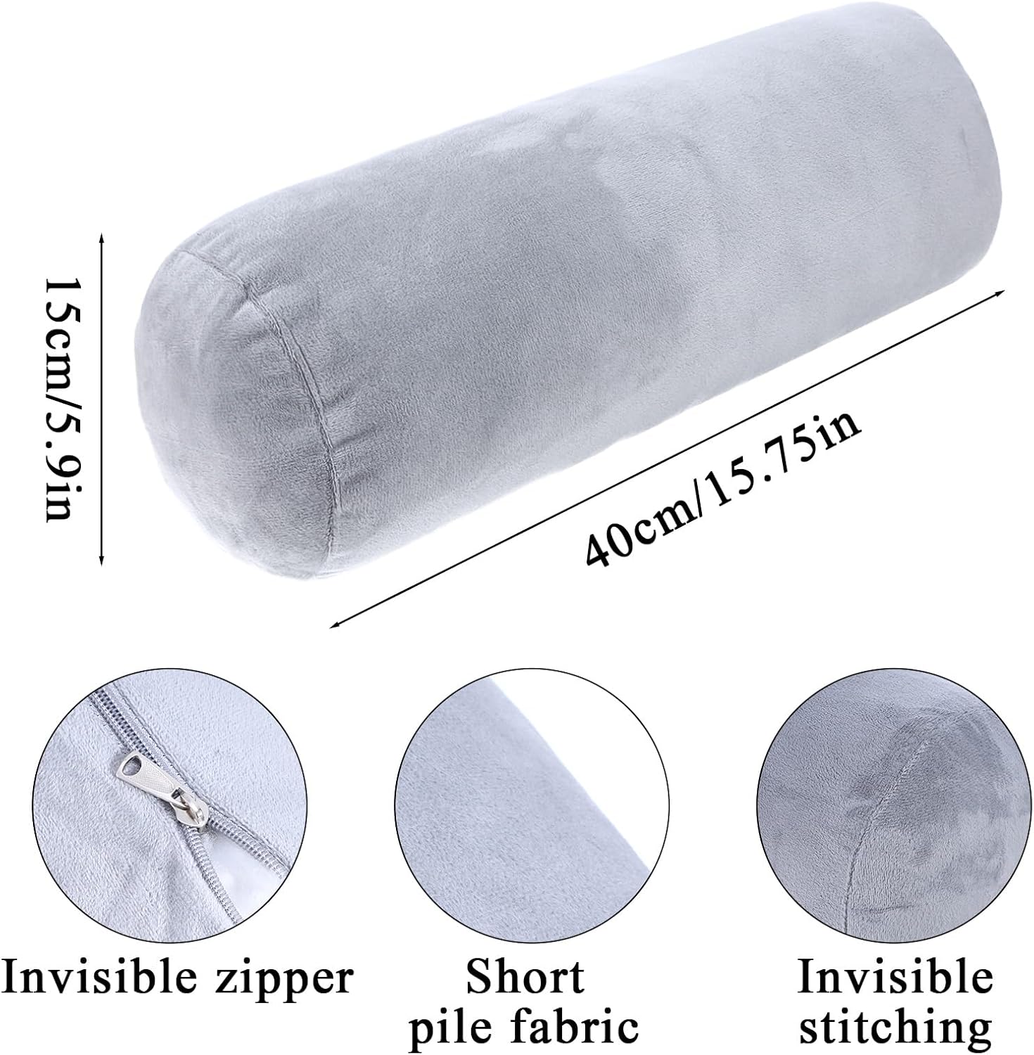 2 Pack Round Neck Roll Pillow Cover 16 x 6 Inch Soft Bolster Pillow Covers with Zipper Breathable Cylinder Pillow Case for Cylindrical Cushion, Pillow Case Only (Gray) - Image 2