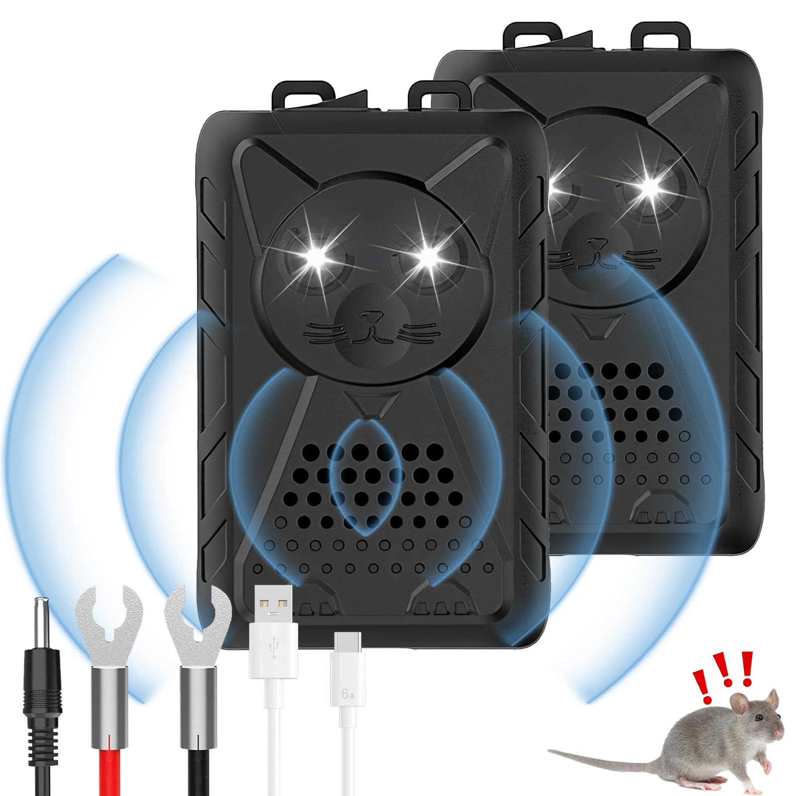 OBEST Repellente Topi per Auto, 2 Pezzi Repellente Martore Auto con Flash, Ultrasuoni per Topi a Batteria, Anti Faine, Donnole, Roditori, Dissuasore per Martore Garage, Casa, Giardino