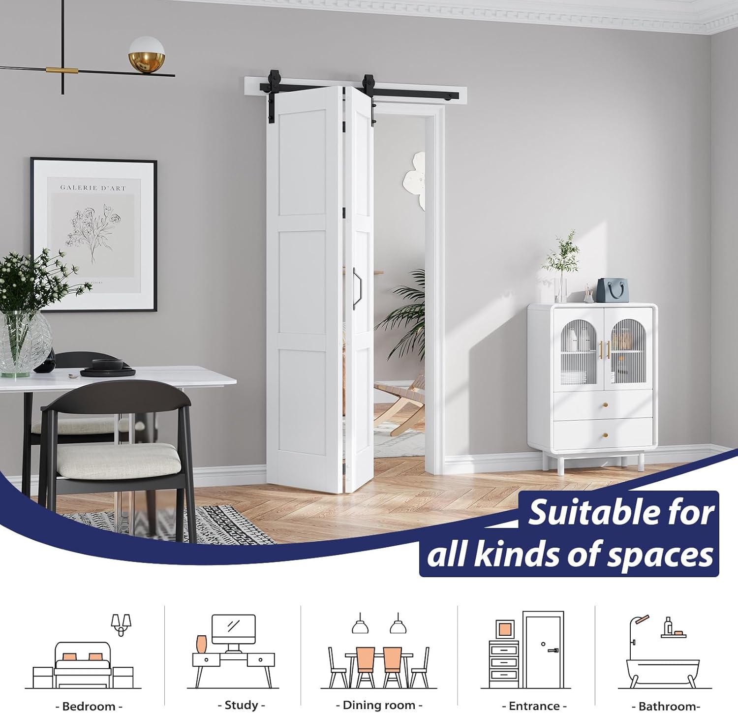FREDBECK Bifold Barn Door 48x96 (Double 24x96) Bi-fold Closet Doors Hardware Kit Included,with 52" Track White White 48" (24"x2) x 96"