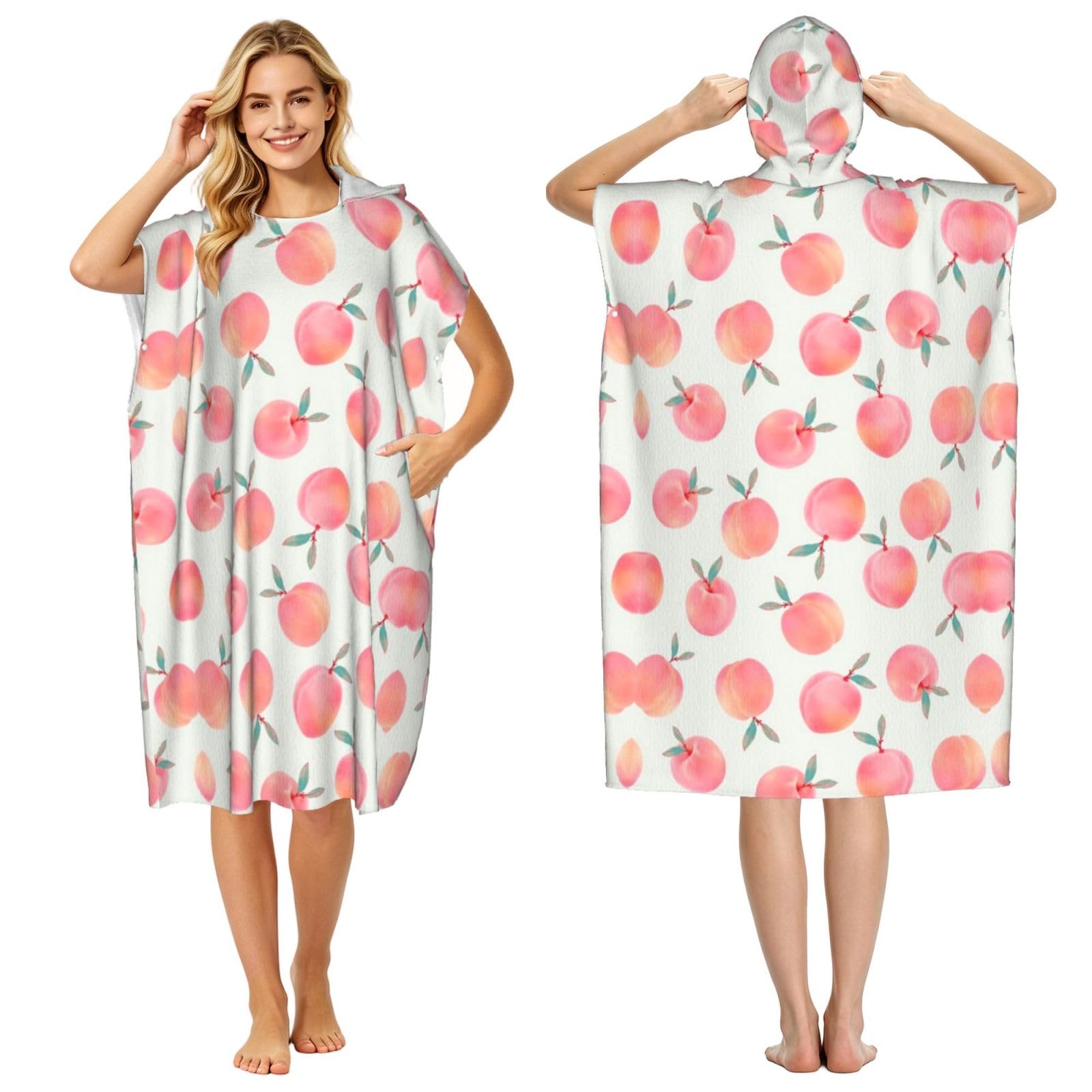 Poncho à capuche en microfibre rose imprimé pêche pour adulte de surf et natation d'été