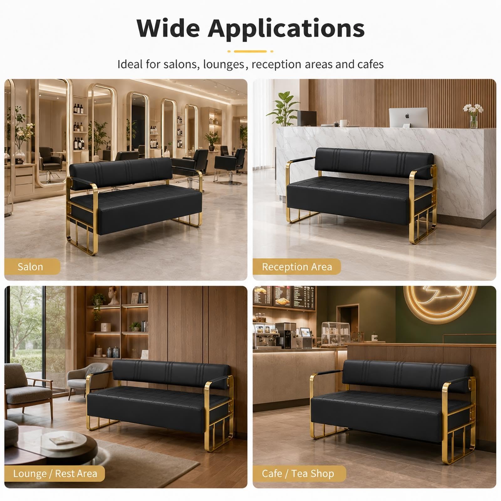 Ławka do Poczekalni z Ekoskóry PU, Sofa Recepcyjna ze Złotą Metalową Ramą