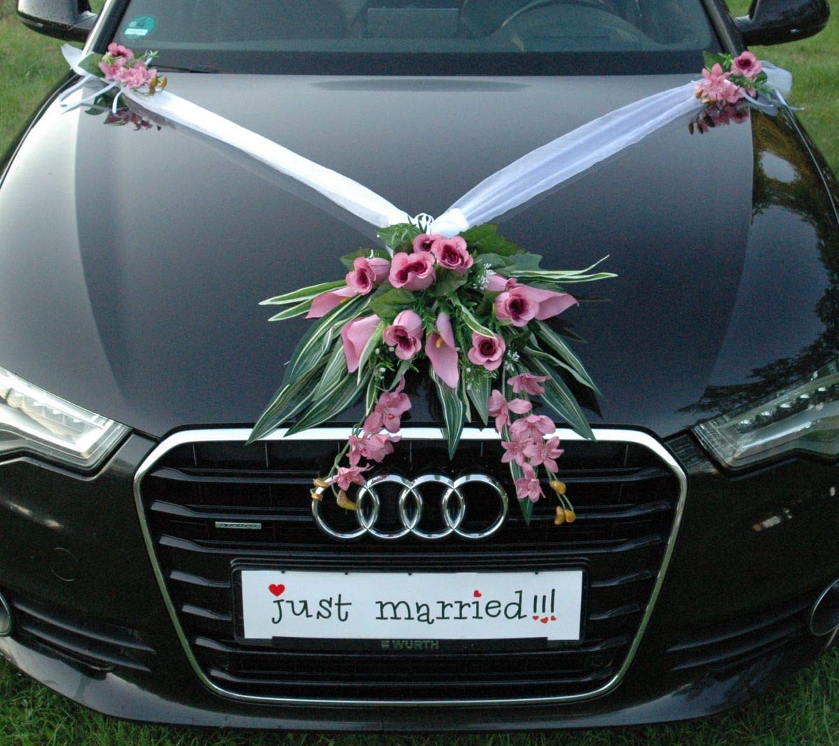 Autoschmuck – Décorations de voiture de mariage – Réalisées à partir de roses et de dentelle