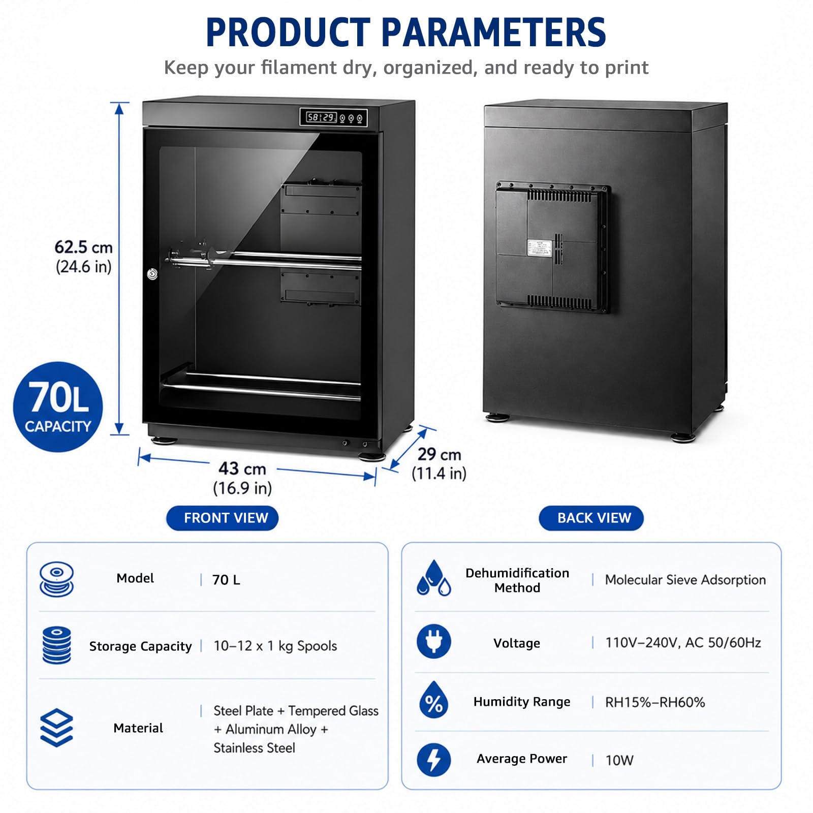 Caja de Secado de Filamentos de Impresora 3D con Estantes Multinivel 70L