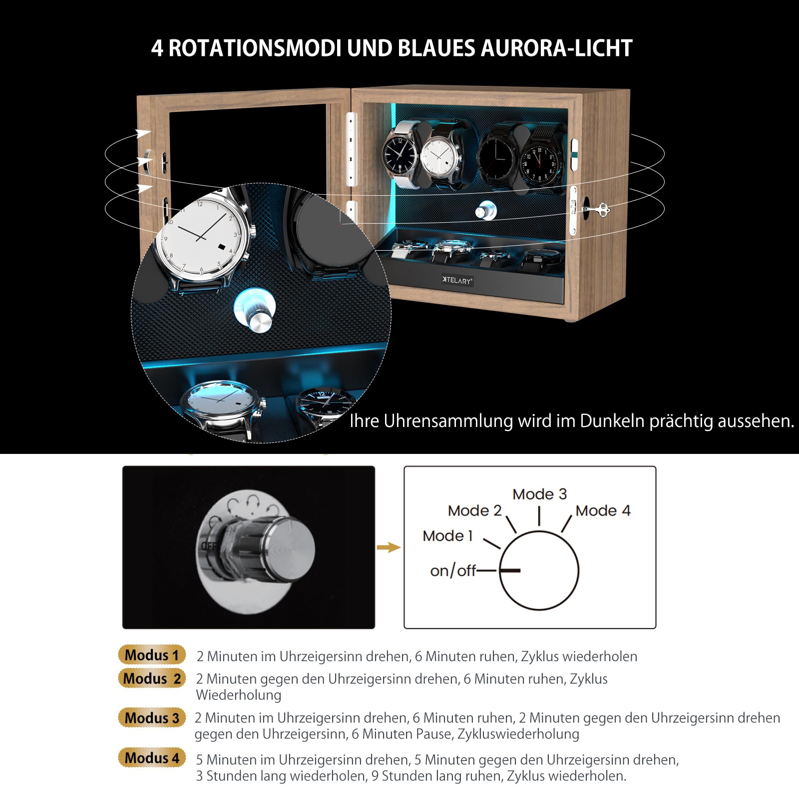 XTELARY Automatyczny Stojak na 4 Zegarki z 4 Dodatkowymi Przegródkami, Pudełko Automatyczne Mechaniczne Classic Watch Winder