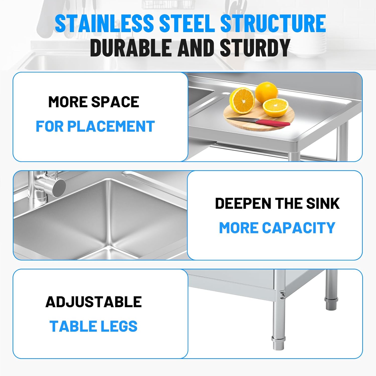 39inch Stainless Steel Utility Sink, Free Standing Single Bowl Kitchen Sink with Cold and Hot Water Pipe, worktop,Indoor and Outdoor for Laundry Room Farmhouse Kitchen