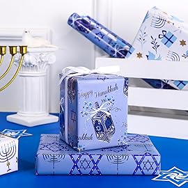 WRAPAHOLIC Hanukkah Wrapping Paper Roll - Mini Roll - 3 Rolls - 17 Inch x 120 Inch Per Roll - Menorah Lights, the Star of David and Dreidels Design
