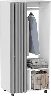 HOMCOM Armoire penderie Mobile Dressing avec Rideau Armoire de Rangement 4 roulettes avec Tringle de Suspension et étagères, penderie vêtement Roulant pour Chambre, 60 x 40 x 128 cm Blanc