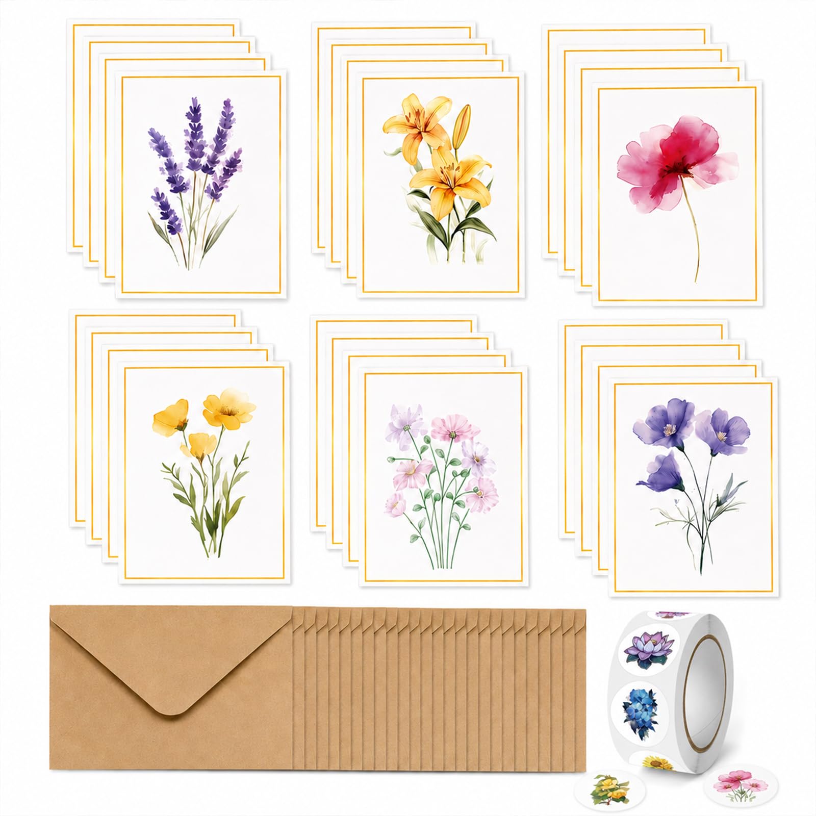 24Pack Blank Cards and Envelopes, Floral Greeting Cards with 500PCS Sticker