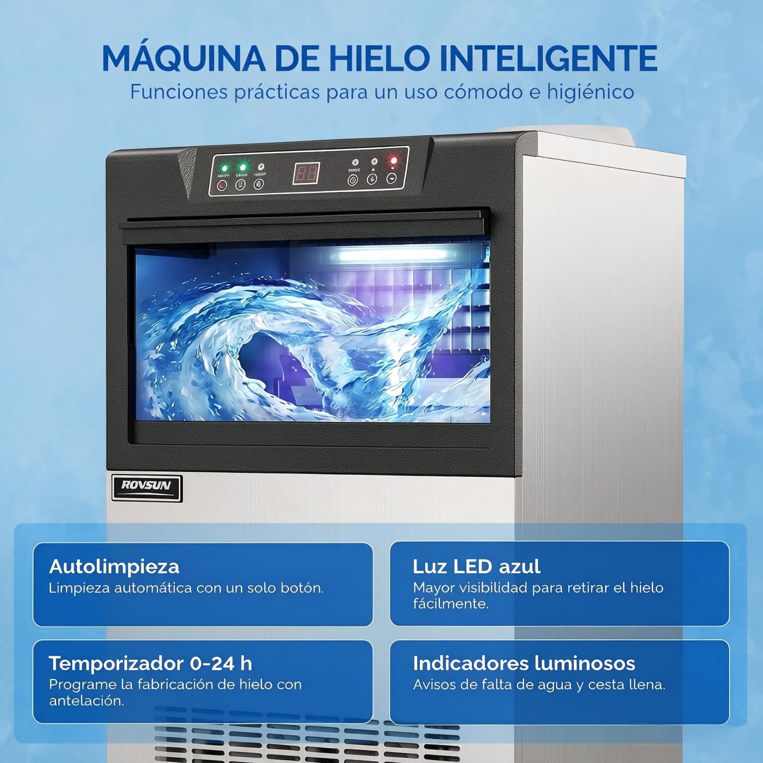 ROVSUN Máquina para Hacer Hielo 50KG/24H, Cubitos 5x10, Cuerpo Acero Inoxidable, Uso Comercial, para Restaurante, Hotel, Bar y Eventos