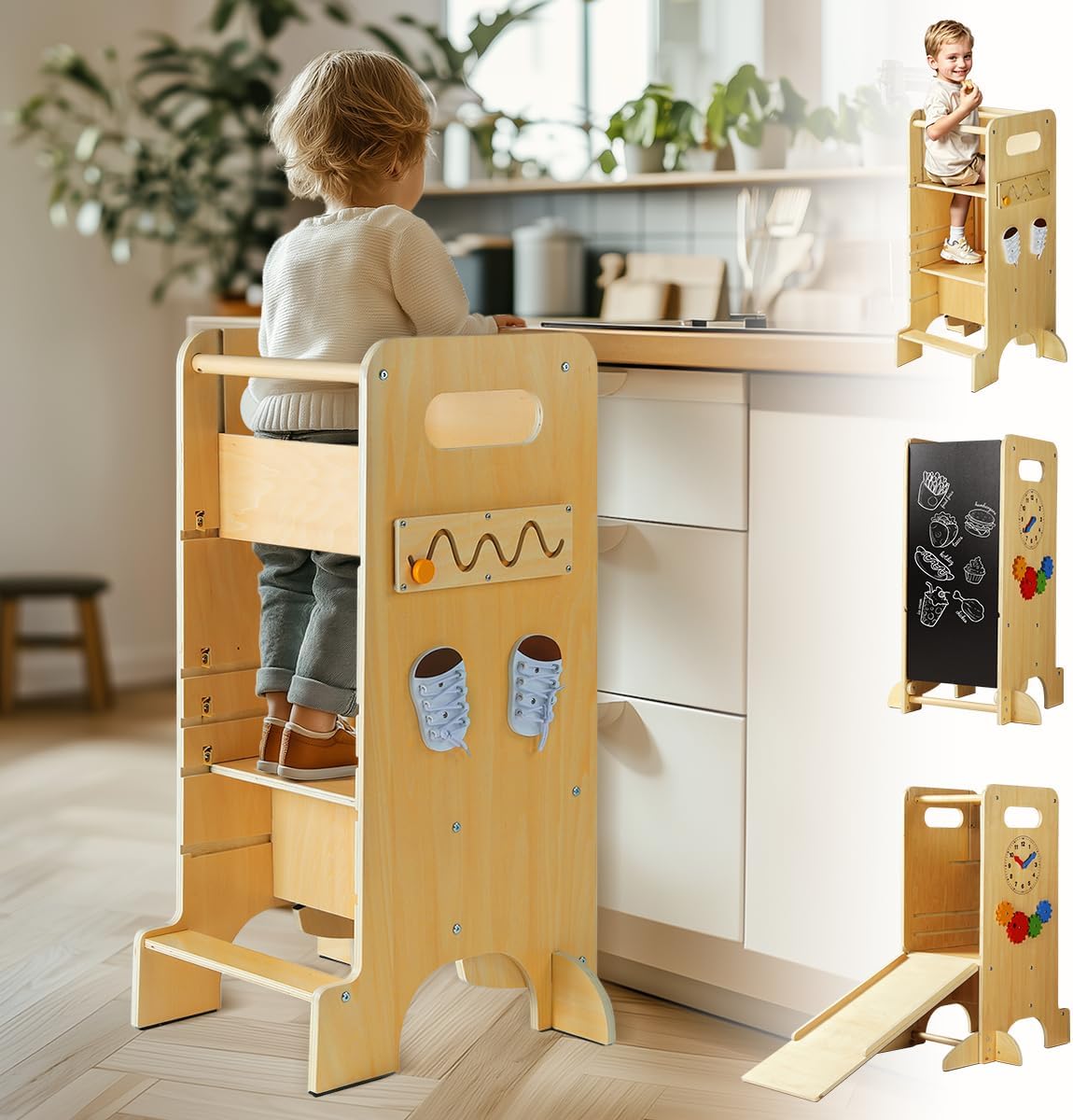 Toddler Tower 4 in 1 Toddler Kitchen Stool Helper Standing Tower for Kitchen Counter with Safety Board, 3 Adjustable Heights, Slide, Chalkboard, Montessori Activities