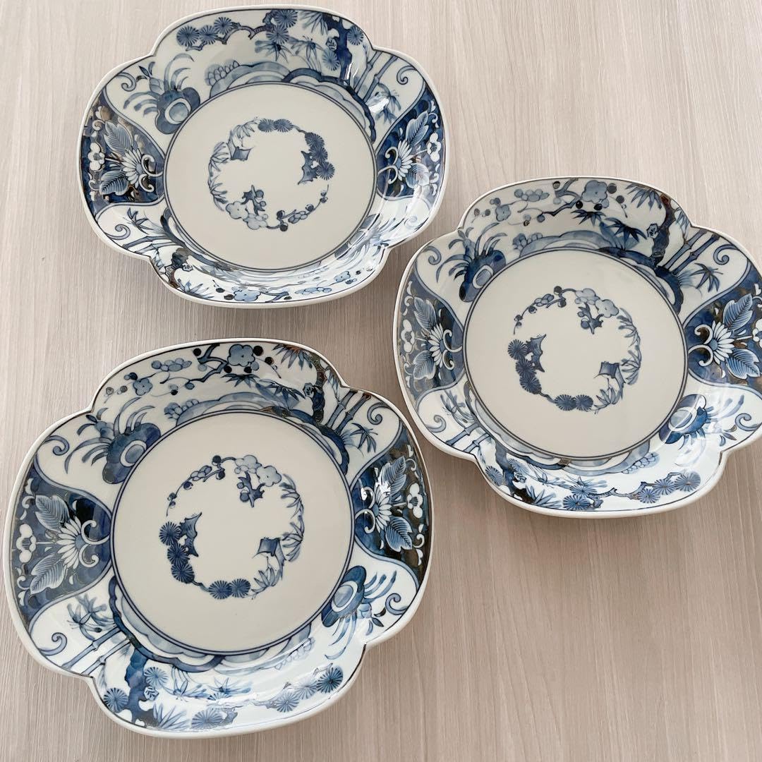 美濃焼 龍峰窯 染付木 瓜皿 3枚 レトロ 花風流 未