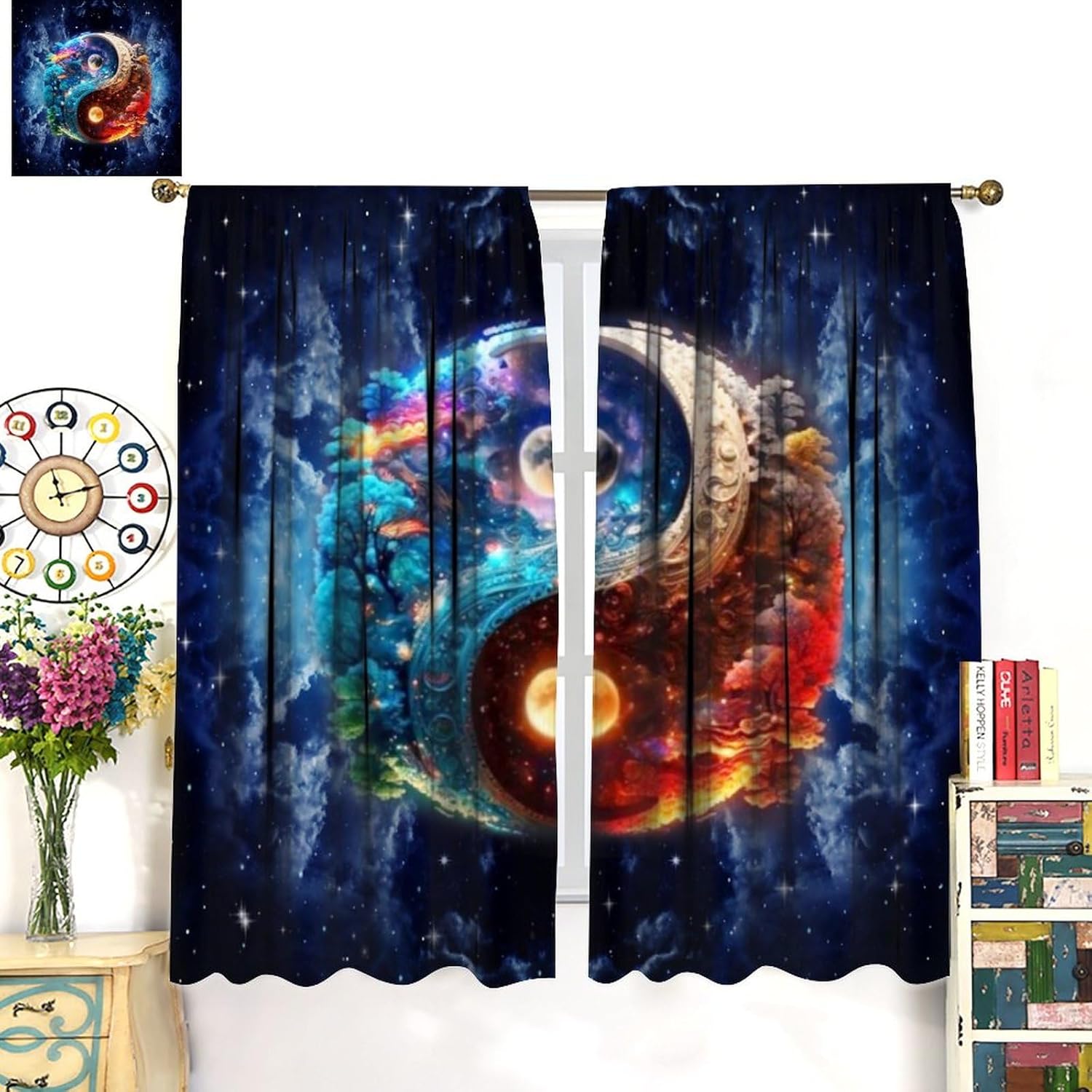 Cool Outer Space Yin Yang Curtains for Living Room, Watercolor Sun&Moon Fantasy Galaxy Colorful Misty Forest Rod Pocket Thermal Insulated,Window Drapes 2 Panels 63" L x 31.5" W