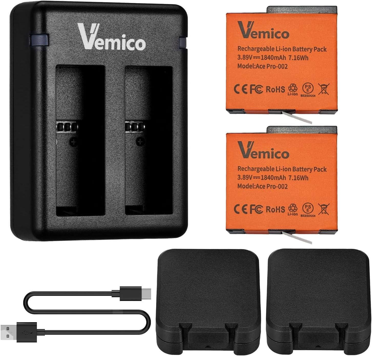 Vemico 360 Ace Pro 2 batterie di ricambio 2 x 1840 mAh Dual Tipo-C Canale caricatore LED con interfaccia di ricarica micro USB per fotocamera / 360 Ace Pro 2/360 Ace / 360 Ace Pro