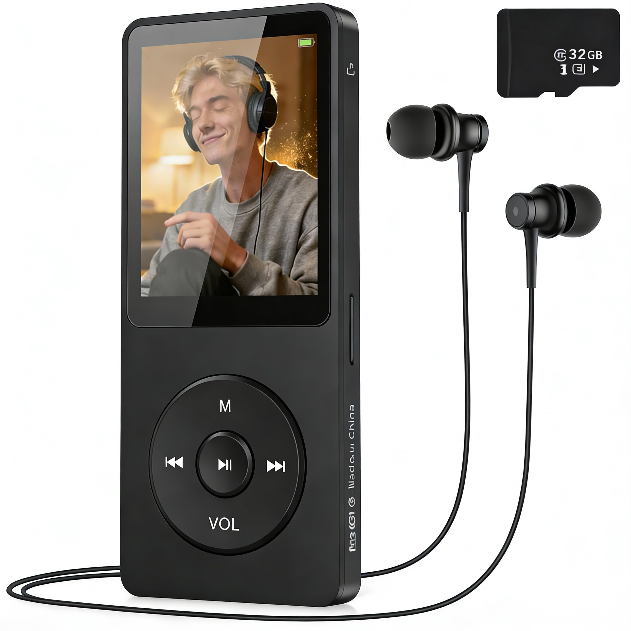 32 GB Lettore MP3 Classico - Bluetooth 5.3 riproduzione musica senza perdita Hi-FI Piccolo lettore MP3 Sport mit Kopfhörer per Bambino/Adulto Super schermo Colore leggero da 1,8", Nero