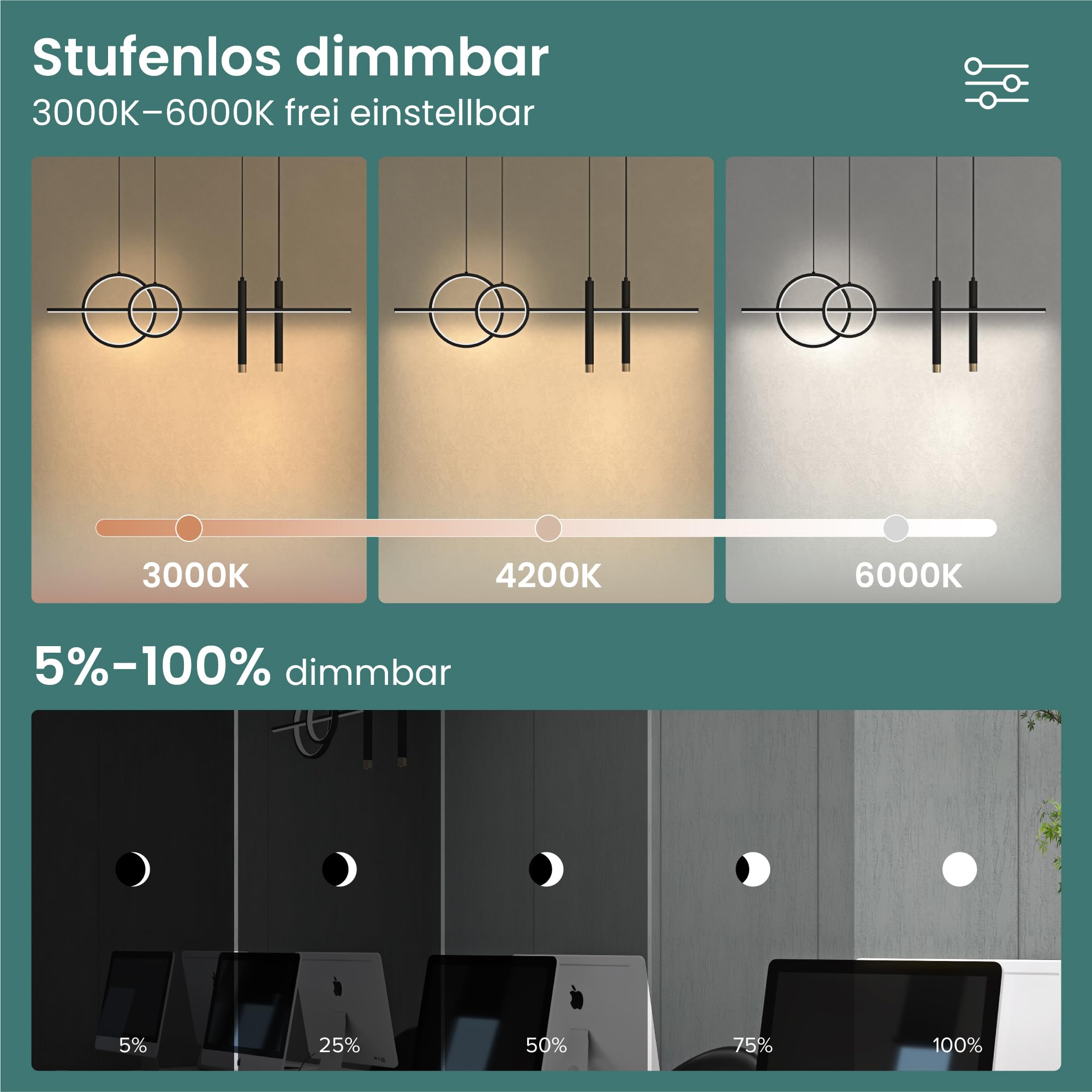 Mai & Mai LED Pendelleuchte mit Fernbedienung & App dimmbare Hängelampe 30W | Modernes lineares Design Pendellampe 3000-6000K CCT höhenverstellbar für Esszimmer Wohnzimmer Büro, schwarz Alivetta2256