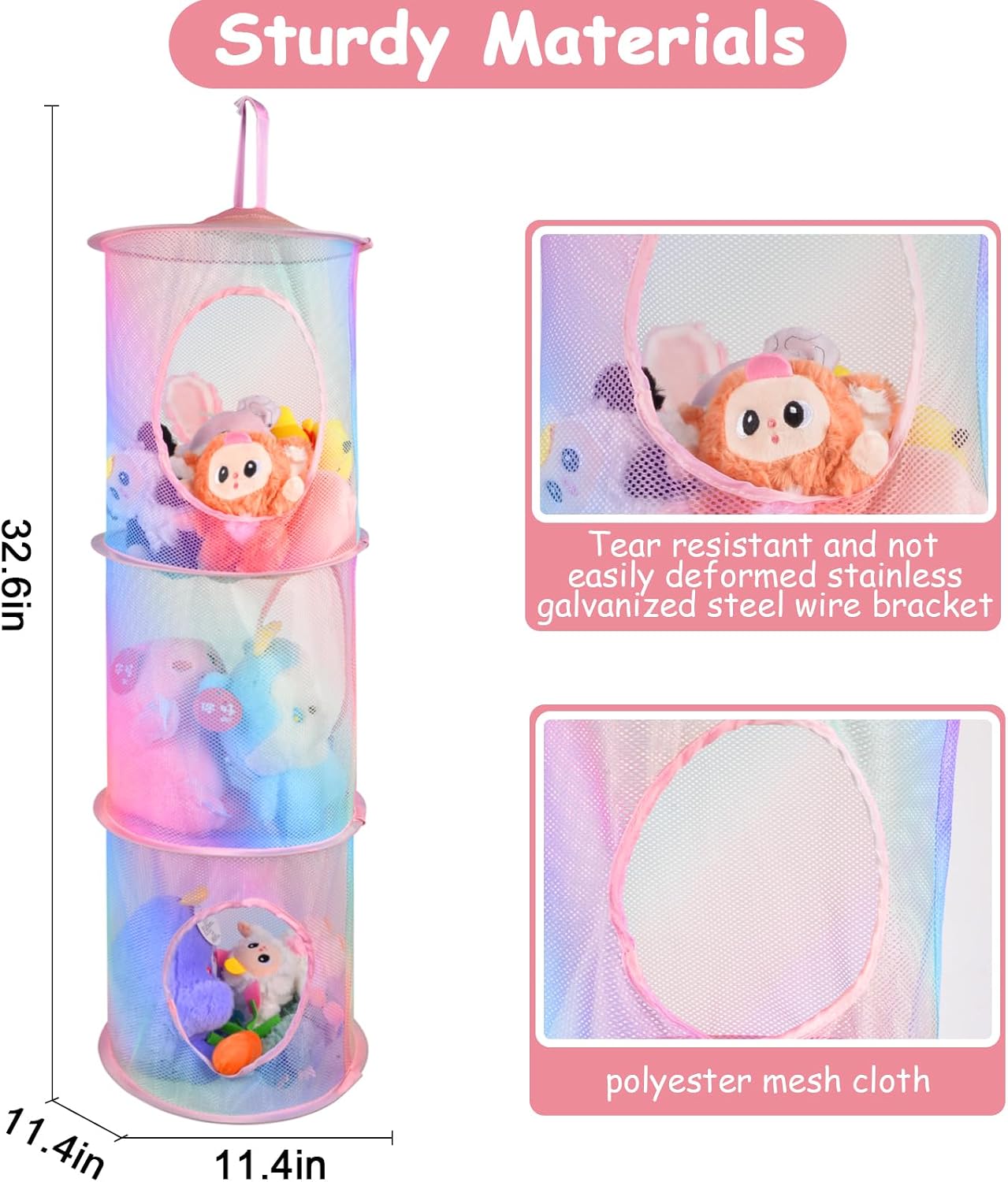ChezMax Hanging Mesh Stuffed Animal Storage - 3 Tiers 2 Pack Large Stuffed Animal Net Organizer, Foldable Space Saver Bags Basket Organization Holder Room Bedroom Playroom Wardrobe Rainbow