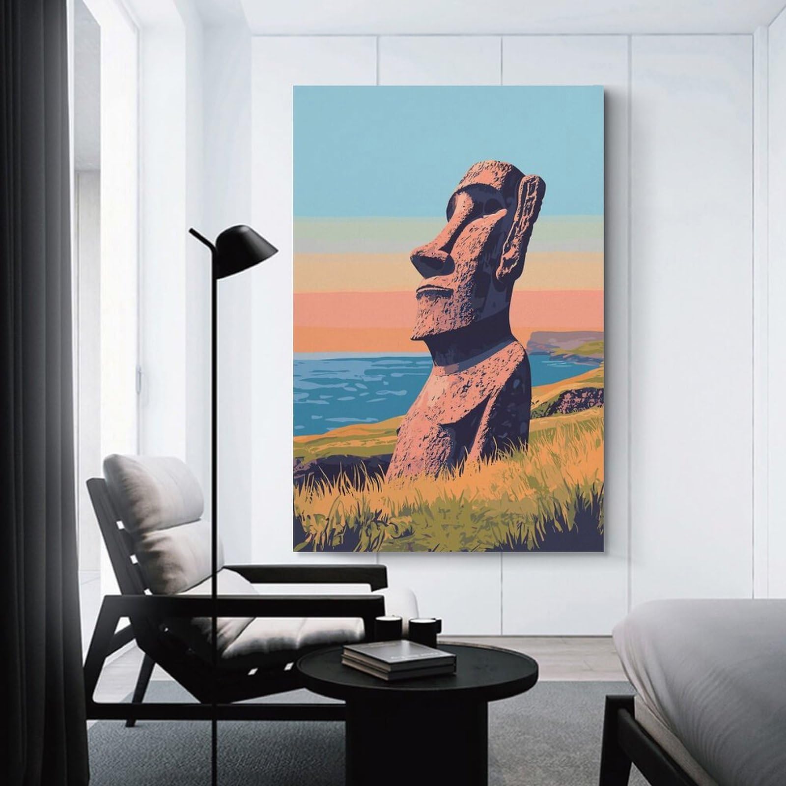 Junmoney Moai Statue at Sunset Canvas Wall Decor, 24x36inch(60x90cm), for Apartment Walls, Studios Or Work Areas, Decorative Canvas Decor for Home Updates
