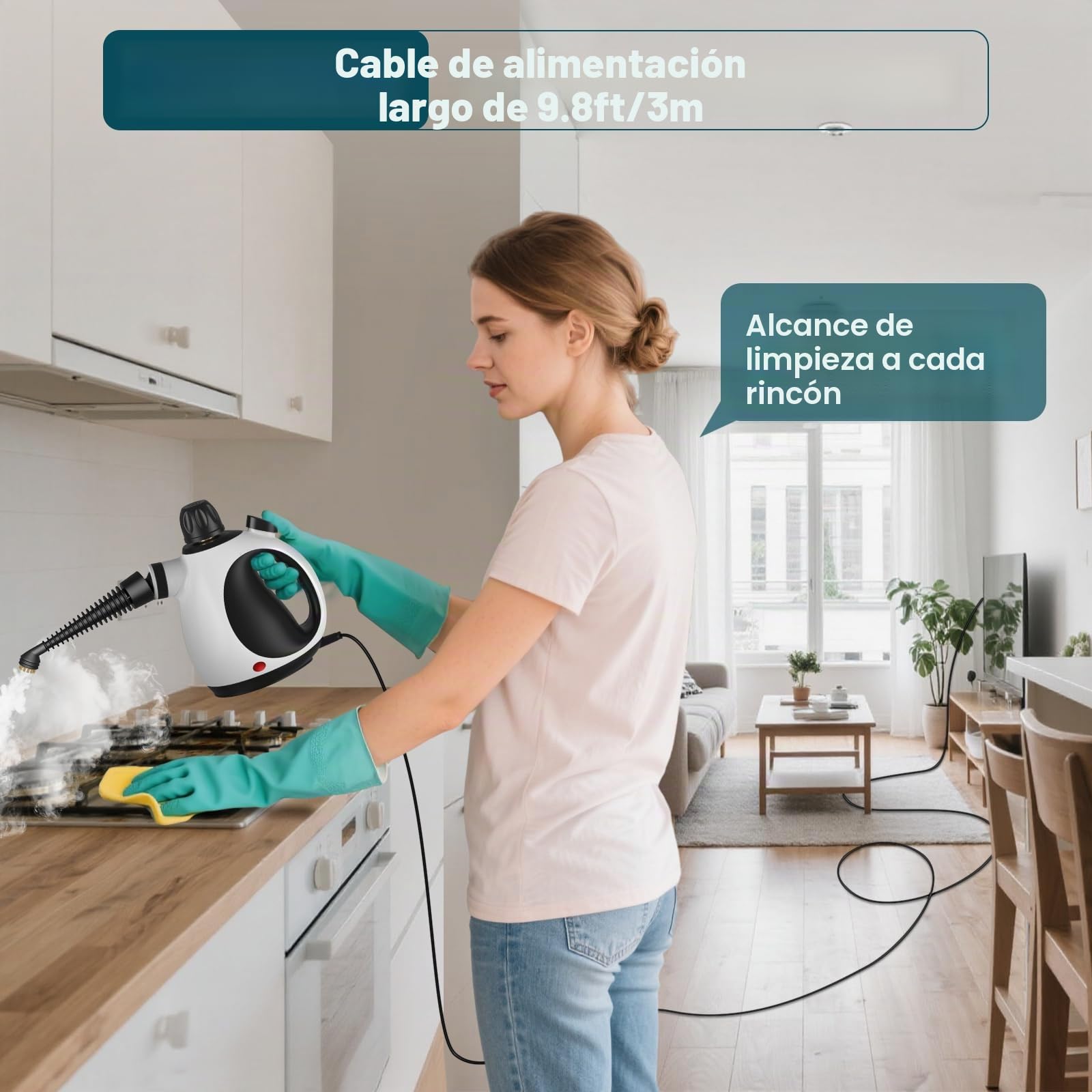 Vaporeta Limpieza Hogar Potente, Vaporeta de Mano de usos Múltiples con 14 Accesorios & Depósito de 350 ml,1050W Steam Cleaner para Alfombras,Cortinas,Sofás,Cocinas y Baños