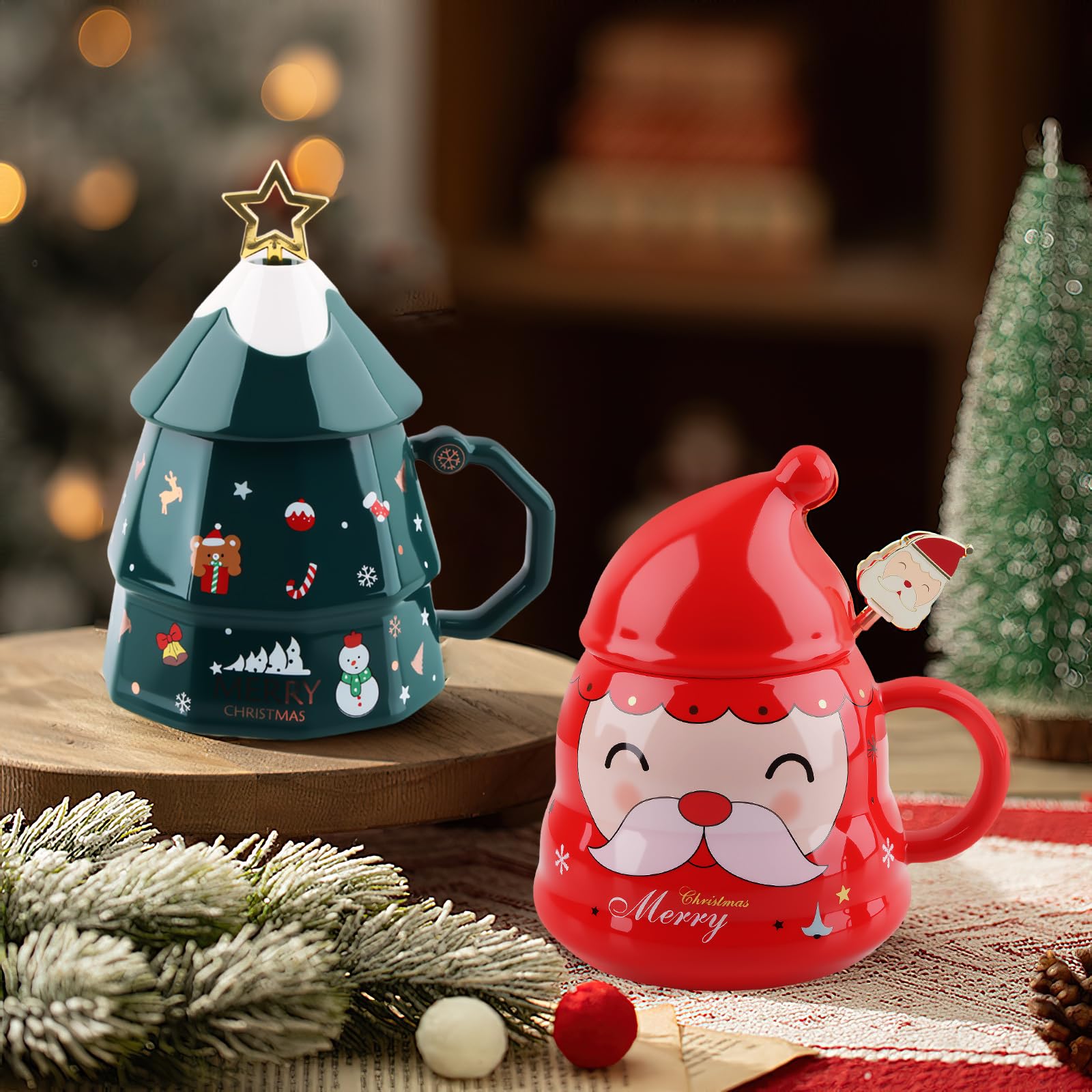 Tazza Natalizia In Ceramica 400ml Con Coperchio, Cucchiaio E Mini Figura: Fiocchi Di Neve, Renne E Babbo Natale