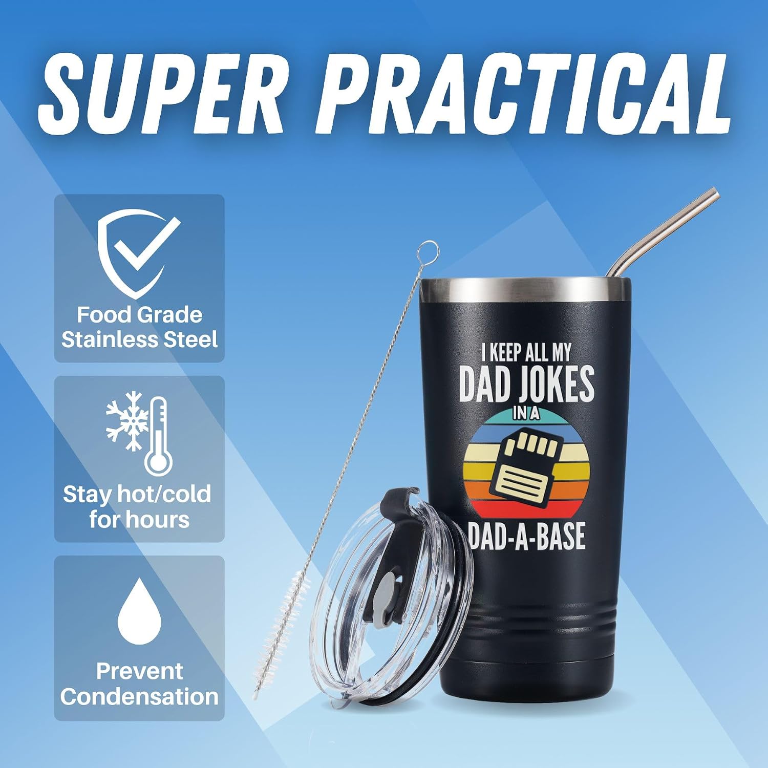 Onebttl Dad Joke Gifts for Father's Day - Keep All Jokes in Dad-a-Base Retro Tumbler - Stainless Steel Travel Mug 20oz