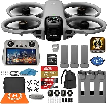 DJI Avata 360 FPV Drone with Camera, 3 Battery Bundle with RC 2 Controller Built-In Screen, 360 Immersive Flight Drone with Propeller Guard, 2x 128GB microSD Cards, Pilot Kit