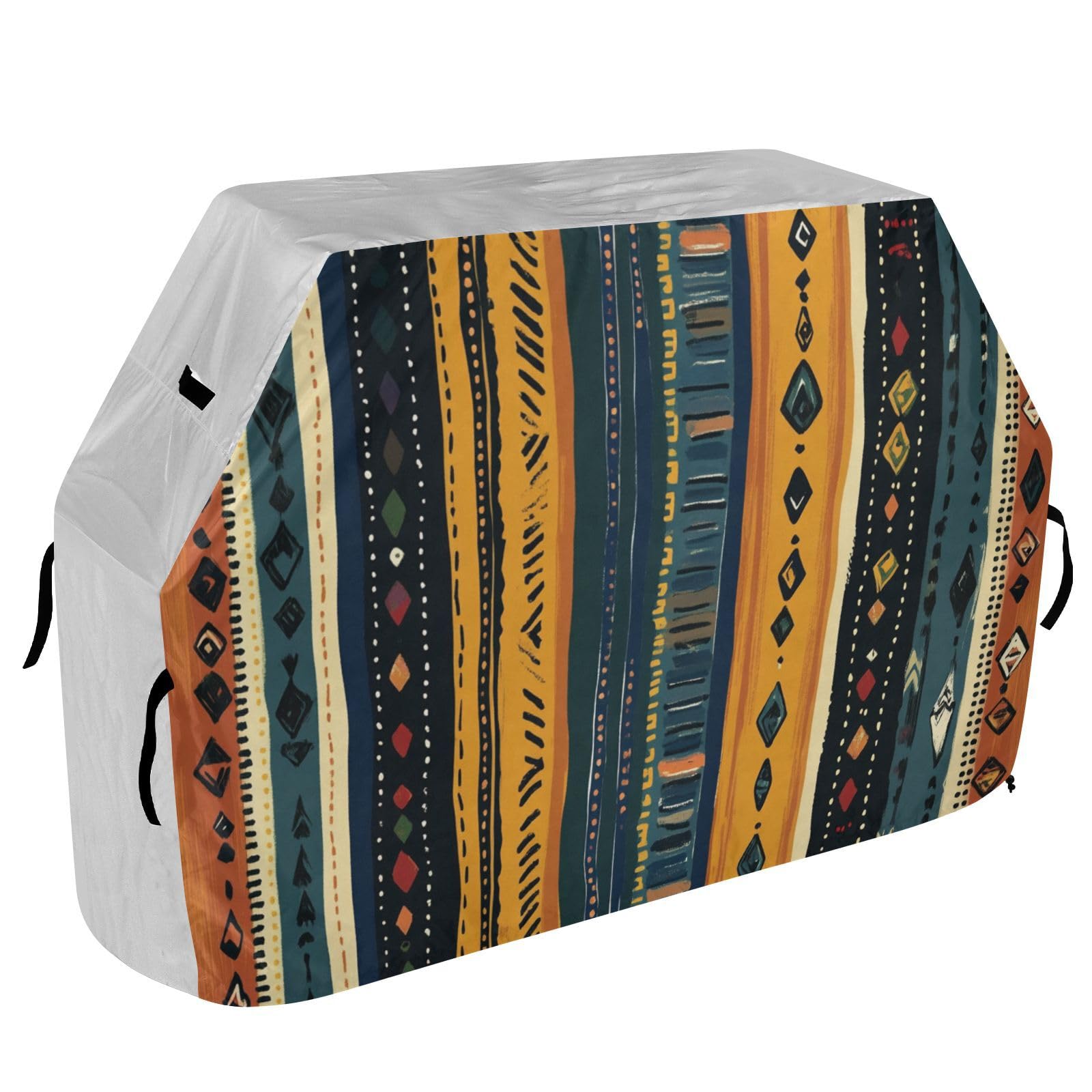 Pionowe paski boho retro pokrowiec na grilla 150 cm wodoodporny wytrzymały odporny na rozdarcie odporny na blaknięcie materiał pokrowiec na grilla z regulowanym sznurkiem na kurz i wiatr