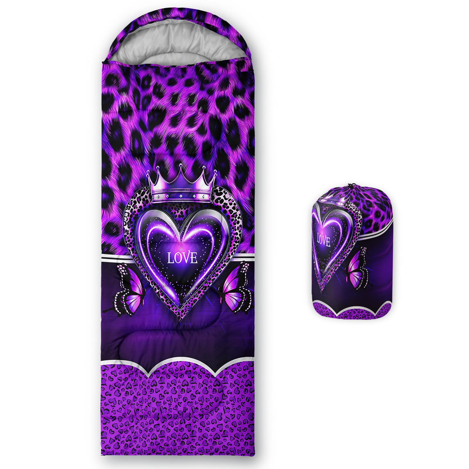 QOOMO Purple Leopard Print Waterproof Sleeping Bags for Adults & Kids,Printed Camping Sleeping Bags,Traveling,and Outdoors,Camping Gear Equipment,31x90inch, 3 Season Warm & Cool Weather,Lightweight