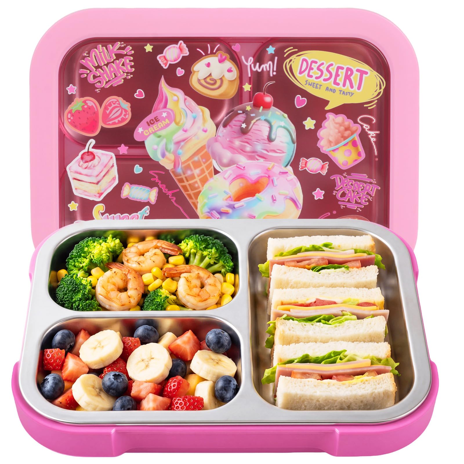 PinkSheep Stainless Steel Bento Lunch Box for Kids, 950ml BPA-Free Leak-Proof Children Food Containers with 3 Compartments, Back to School Students Daycare Lunches Snack Container (Ice Cream)