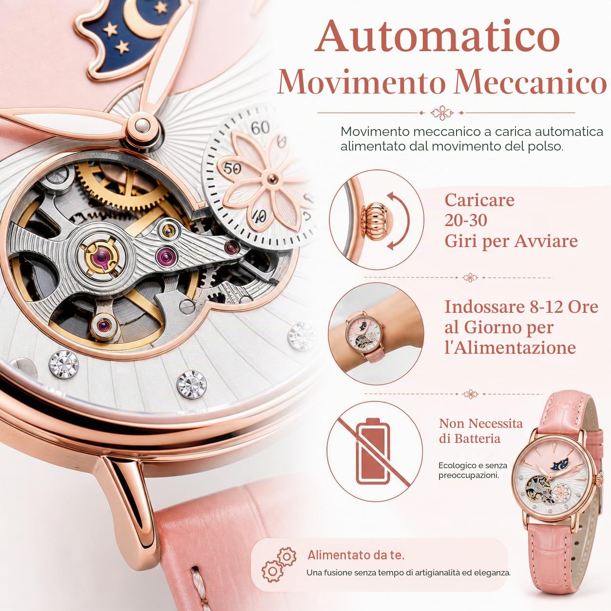 Orologio meccanico automatico da donna, in acciaio inox, quadrante con fasi lunari, cinturino in pelle, impermeabile, orologio da polso
