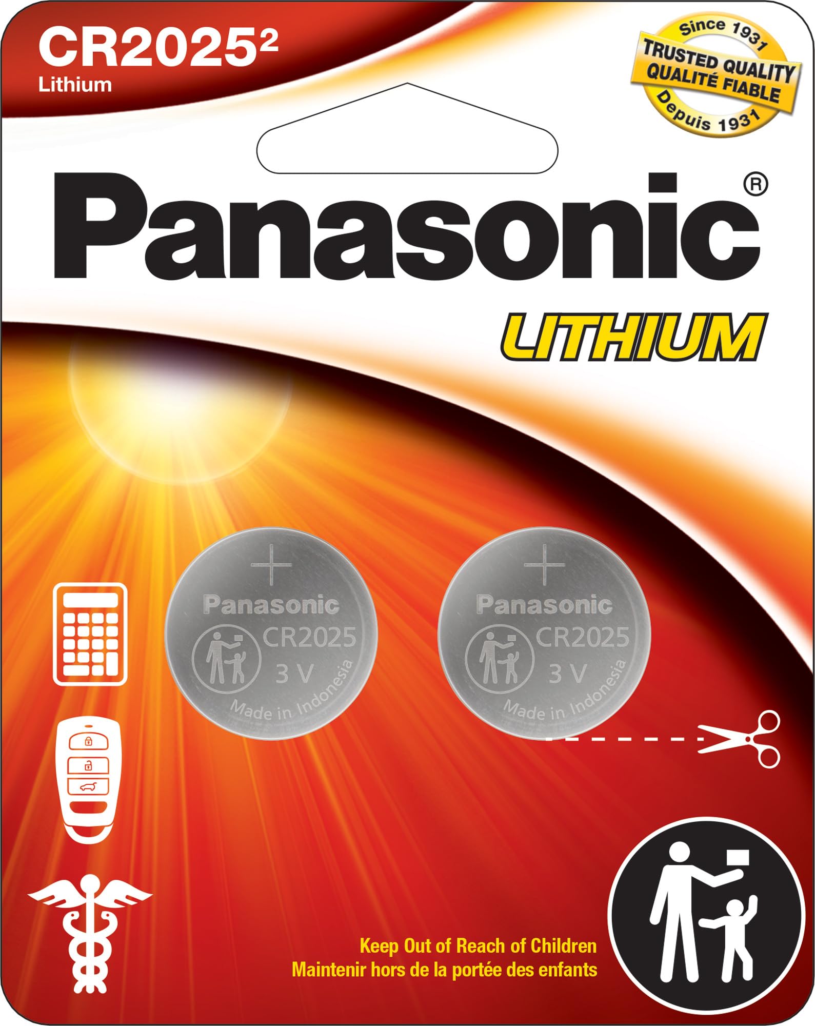Panasonic CR2025 3.0 Volt Long Lasting Lithium Coin Cell Batteries in Child Resistant, Standards Based Packaging, 2-Battery Pack
