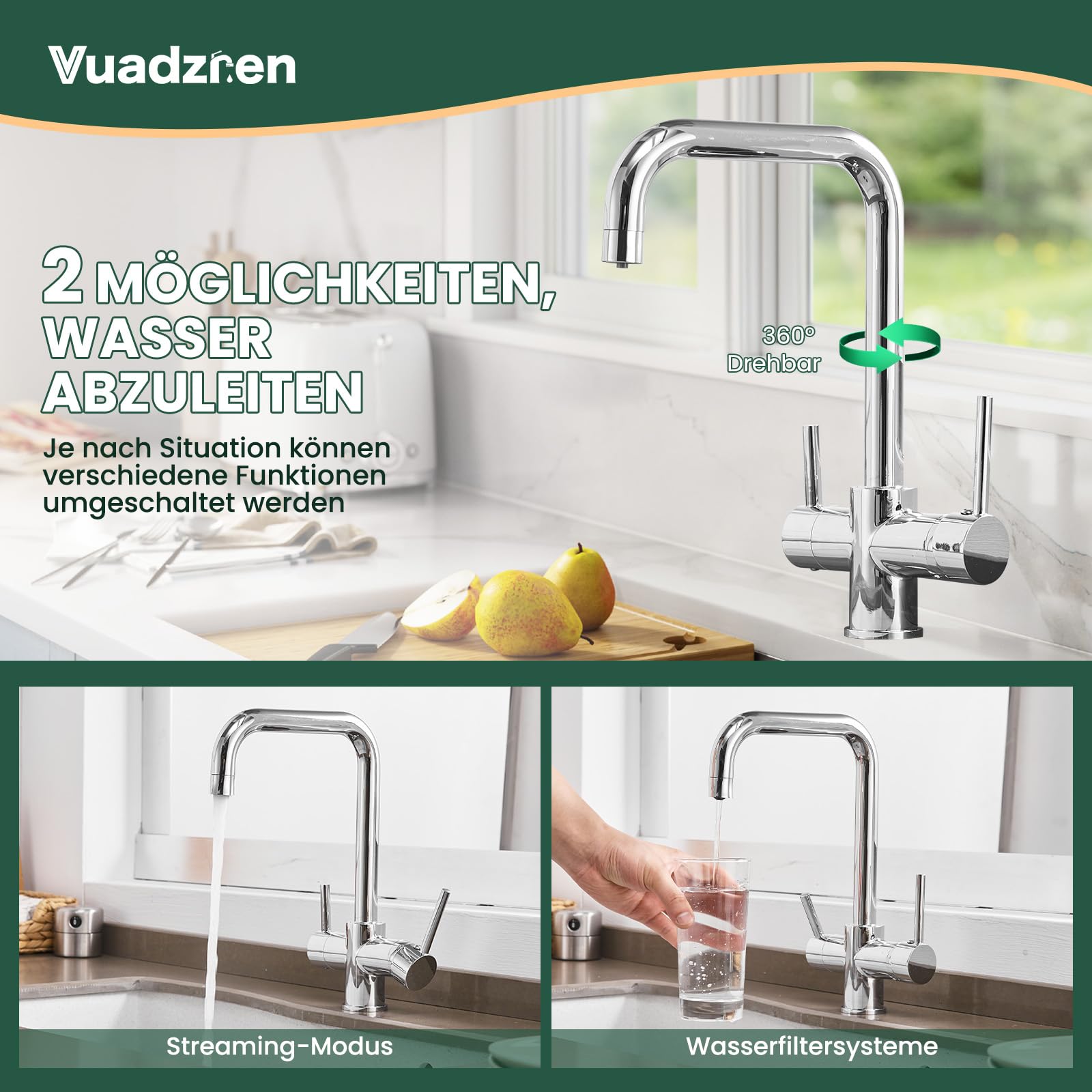 Grifo de cocina de latón de 3 vías, mezclador de dos mandos para montaje en un solo orificio, caño giratorio 360° con función de agua potable (3 en 1), incluye mangueras de conexión G3/8