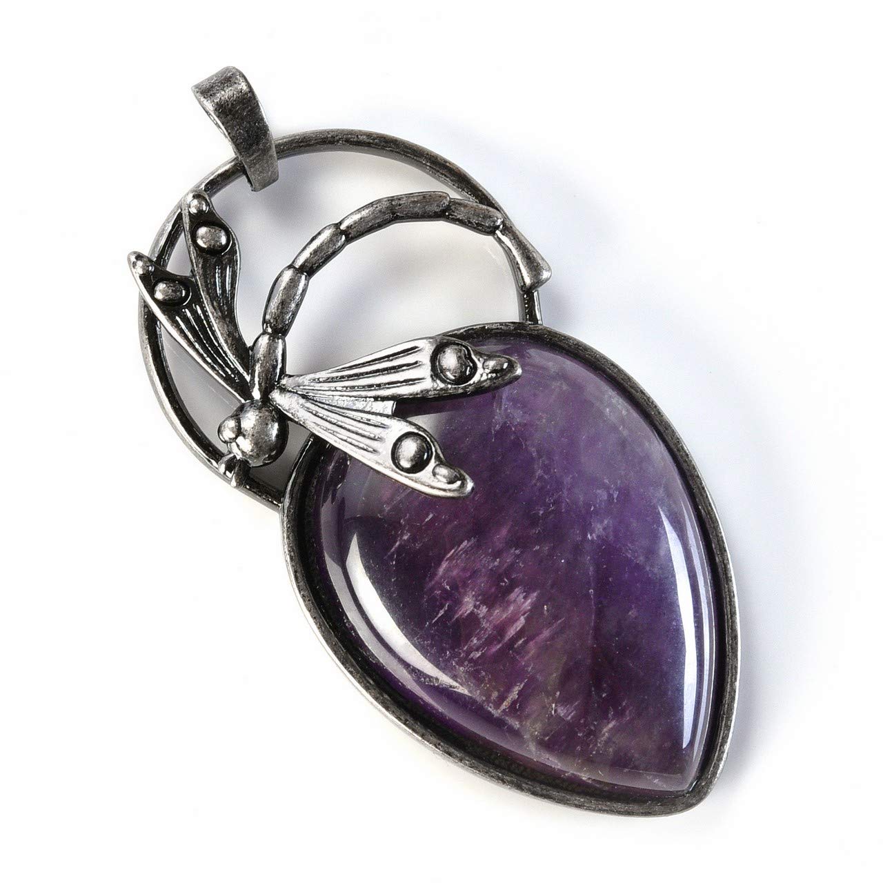 Antique Black Dragonfly Natural Amethyst Rose Quartz Healing Crystal Gemstone Chakra Teardrop Pendant Necklace Women Reiki Balancing Jewelry