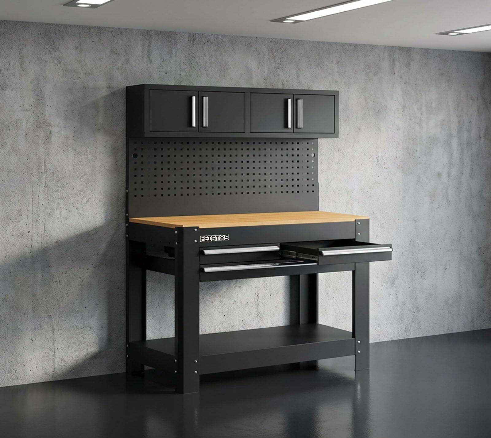 Monos 2 Werkbank | Metall Werkstattschrank Schwarz | Multiplex Arbeitsplatte | 61 cm Tiefe | mit Lochwand