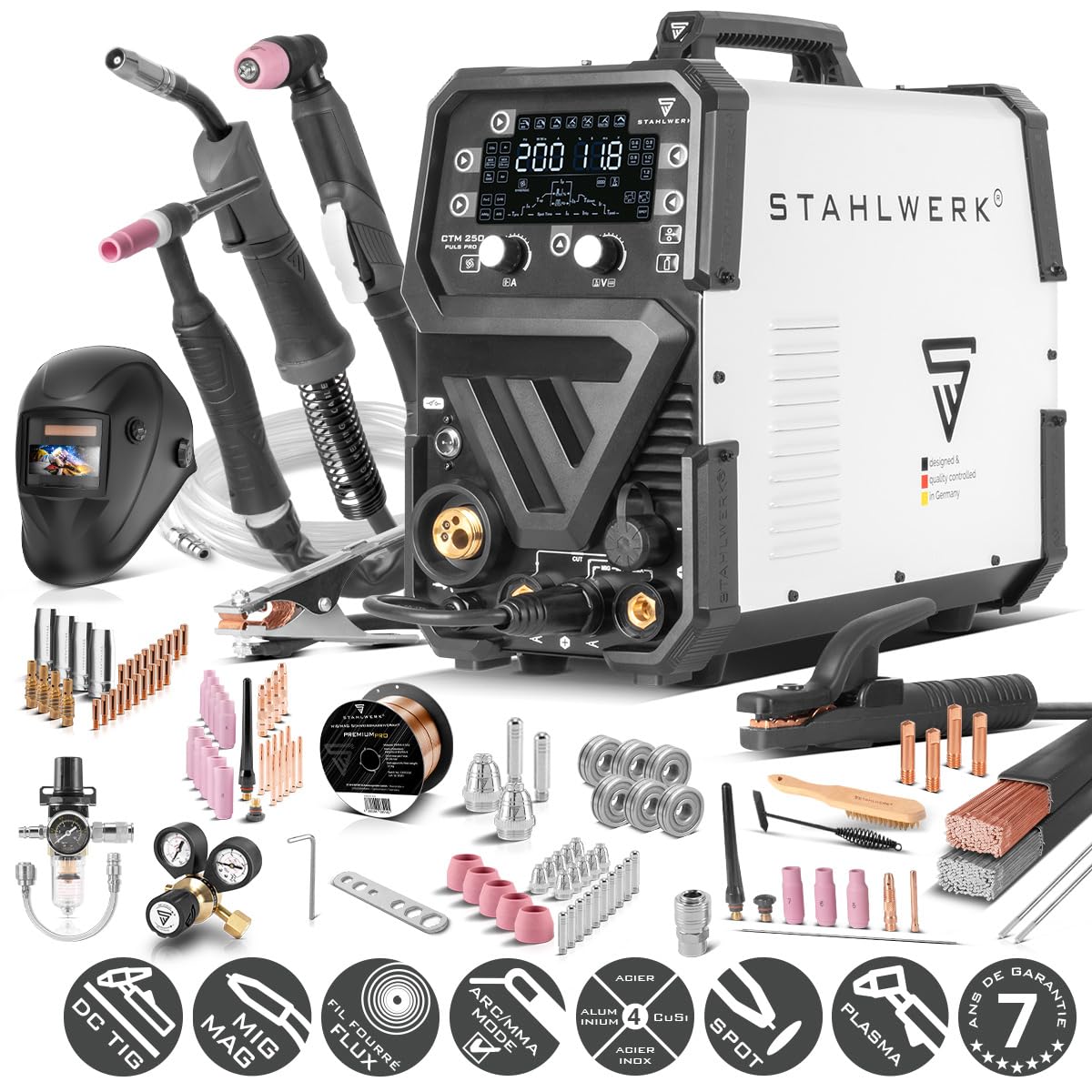 STAHLWERK Poste à souder combiné 6-en-1 CTM-250 Puls Pro – Kit complet – TIG, MIG/MAG, MMA (électrode) & FLUX jusqu'à 200 A, découpeur plasma (CUT) jusqu'à 45 A, dévidage synergique, fonction Pulse