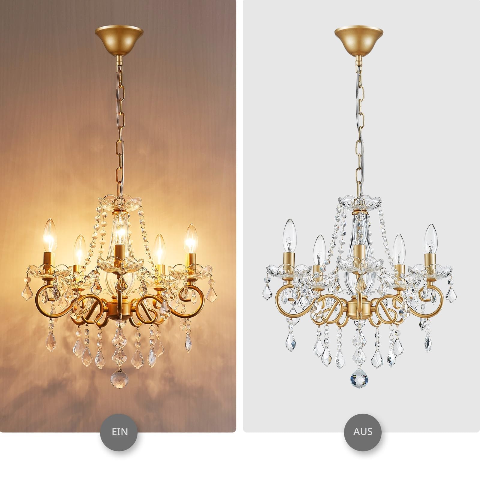 WUZUPS Kristall Kerze Kronleuchter Pendel Flushmount Deckenleuchte Moderne Beleuchtung für Schlafzimmer Flur Bar Küche Bad, H42 W43, Gold, E14 Base