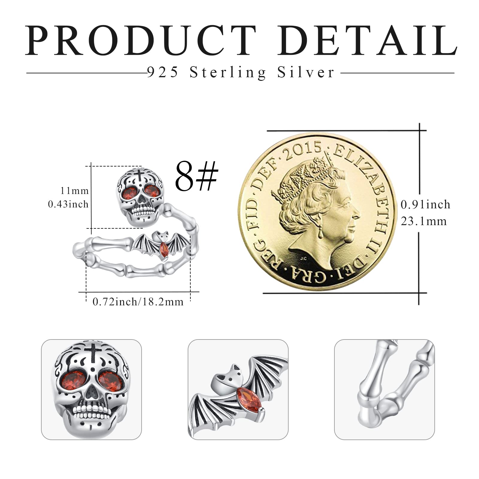 Anillo de calavera Anxiety de plata de ley 925, anillo de murciélago ajustable, regalo de San Valentín, joyas para mujer, Plata de ley