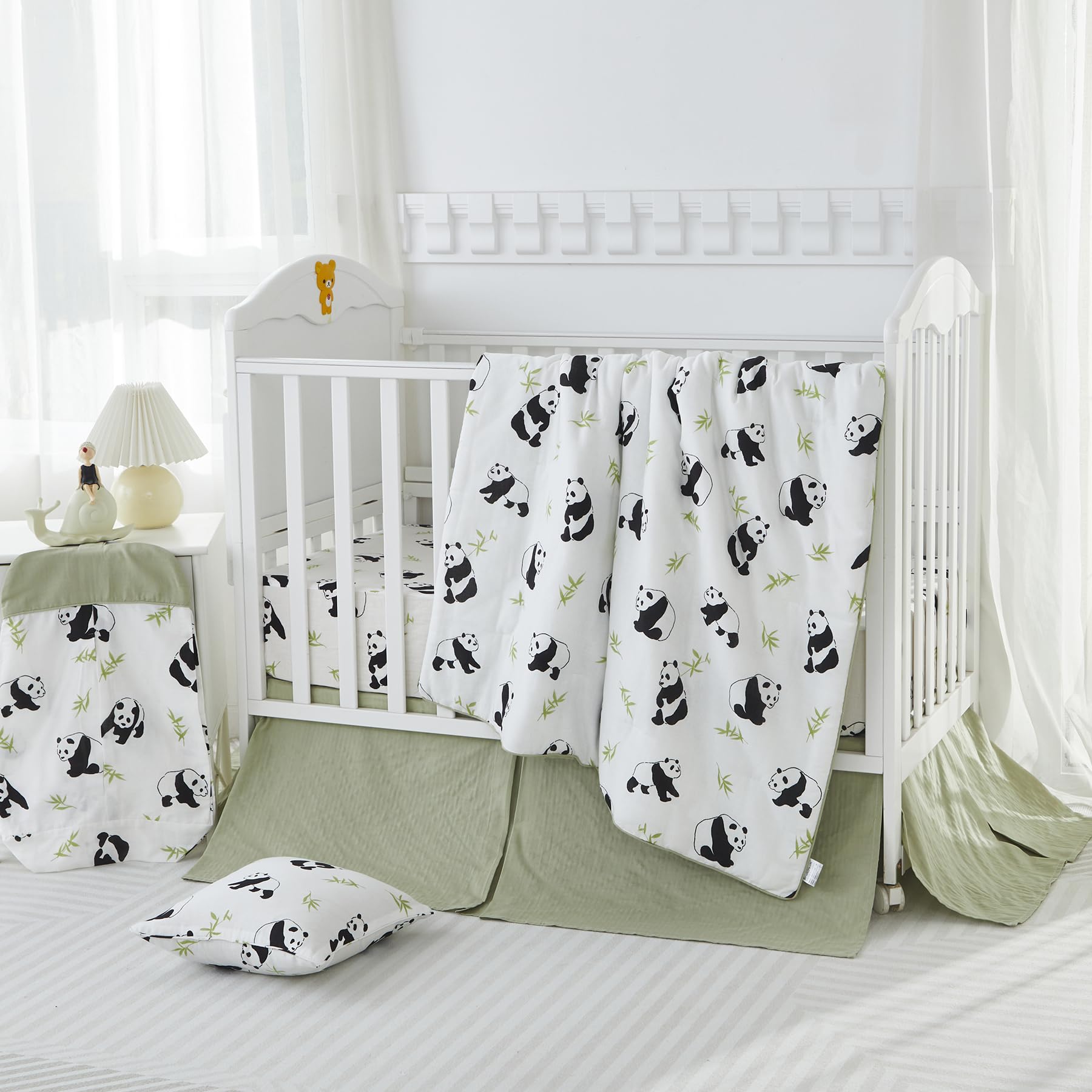 Brandream Sábanas para cuna para niños y niñas, sábana bajera ajustable para colchón de cuna estándar, sábanas impresas de panda neutro para niños, tela de gasa doble de muselina de algodón, blanco y