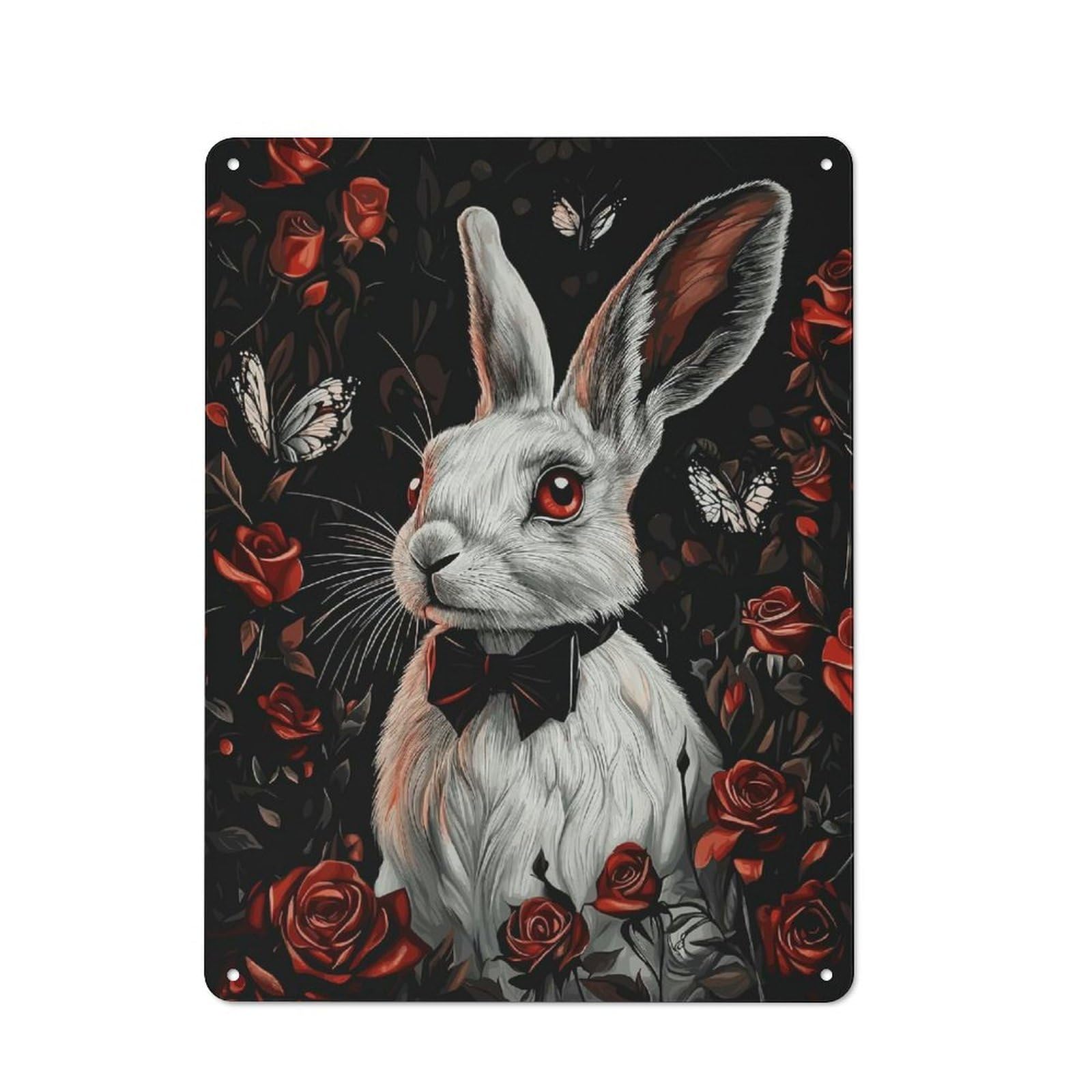 Junmoney White Rabbit With Roses Rustic Tin Wall Plaque 40X30cm For Garage Or Workshop, For Home Interiors, Feature Walls And Decorative Displays